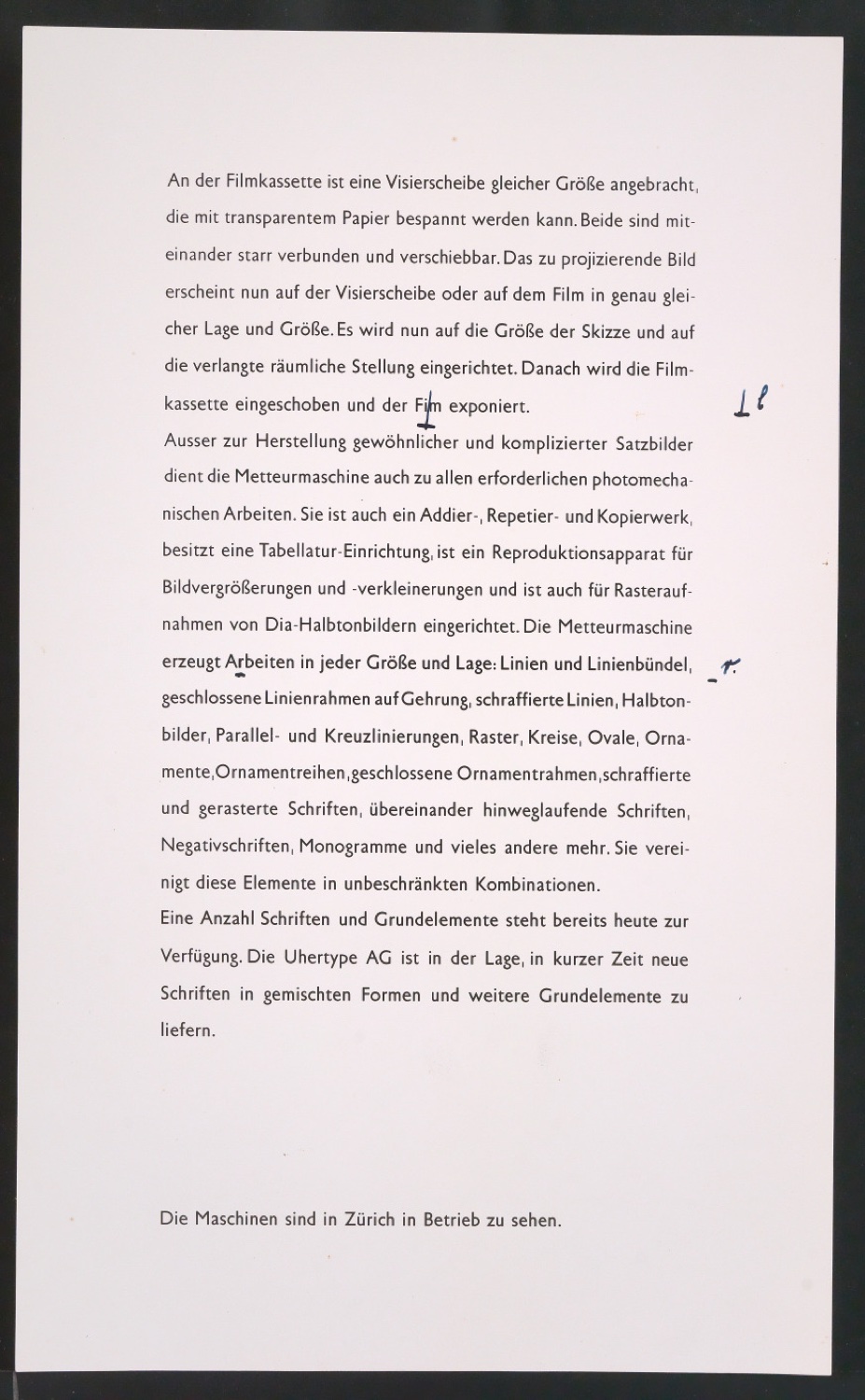 Korrigierte Kontaktabzüge für einen Werbeprospekt zur Uhertype Hand-Lichtsetzmaschine — Blatt 3