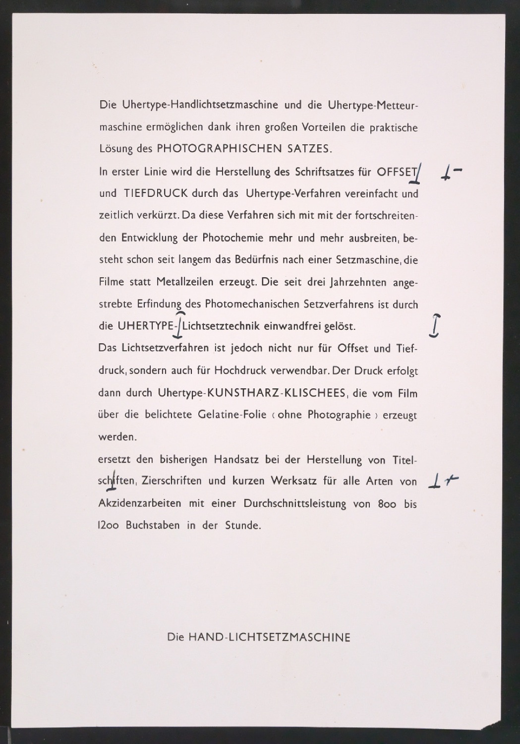 Korrigierte Kontaktabzüge für einen Werbeprospekt zur Uhertype Hand-Lichtsetzmaschine — Blatt 5