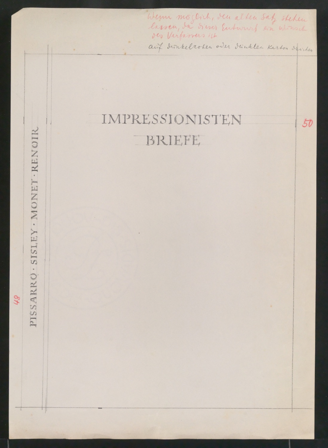 Entwurfszeichnung, Probedruck und Belegexemplare von Einbanddecken für Impressionisten-Briefe — Blatt 7