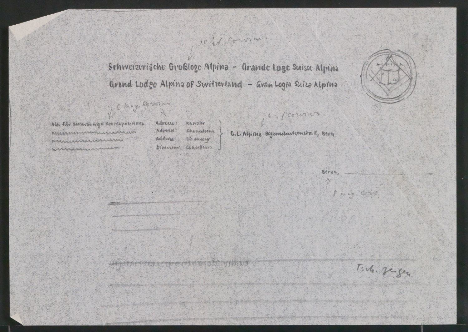 Entwurf und Probedruck von Briefbogen für Schweizerische Großloge Alpina — Blatt 1