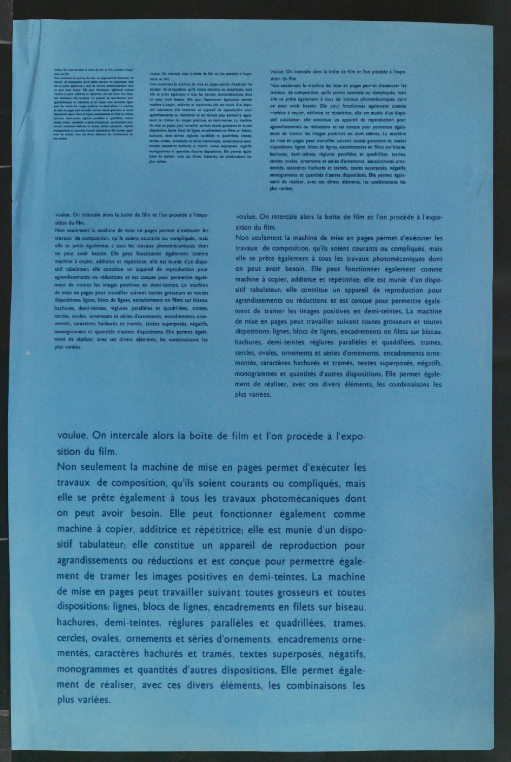 Cyanotypie mit Französischen Schriftproben der Uhertype Standard-Grotesk — Blatt 1