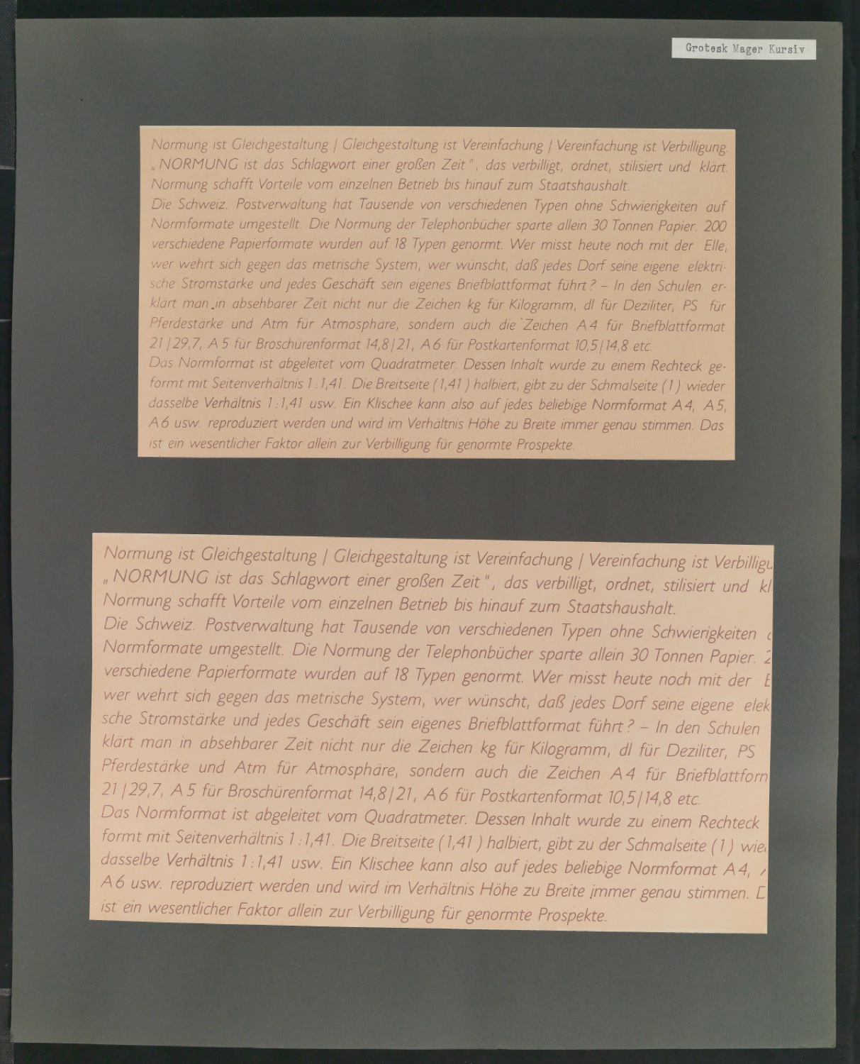 Mappe mit großformatig montierten Probedrucken von Uhertype Standard-Grotesk und Uhertype Ramses — Blatt 1