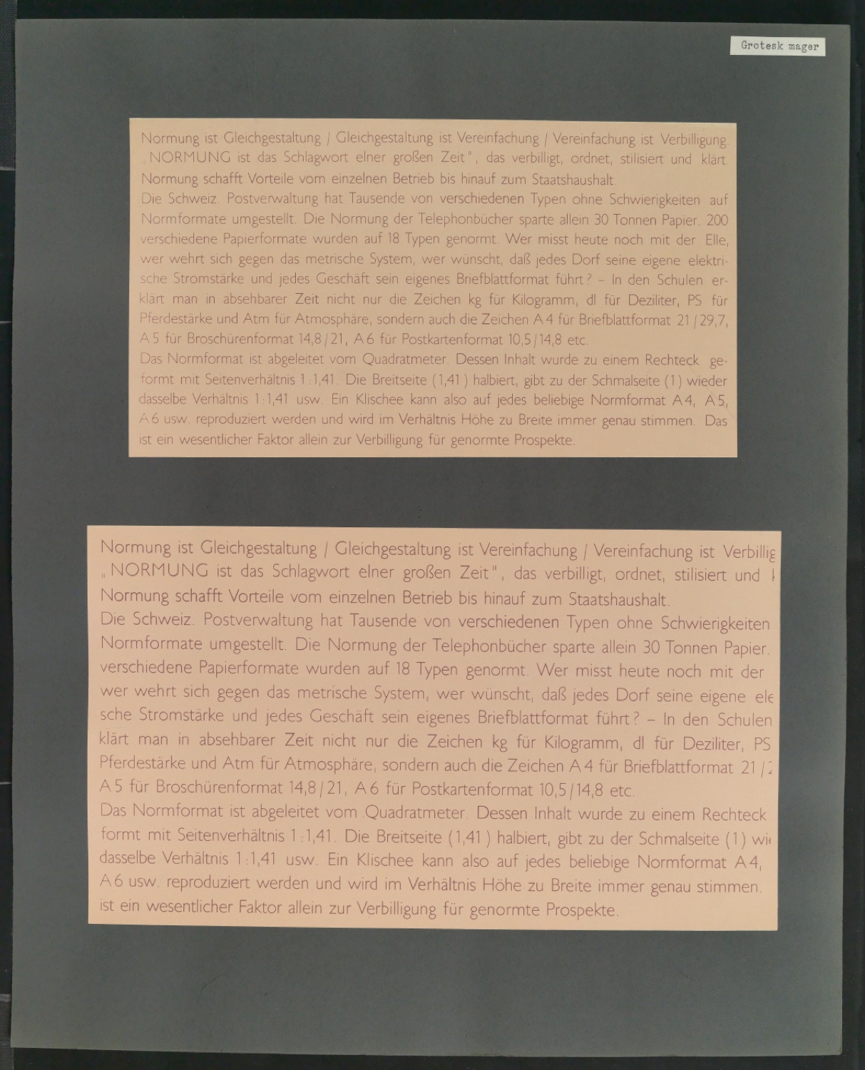 Mappe mit großformatig montierten Probedrucken von Uhertype Standard-Grotesk und Uhertype Ramses — Blatt 3