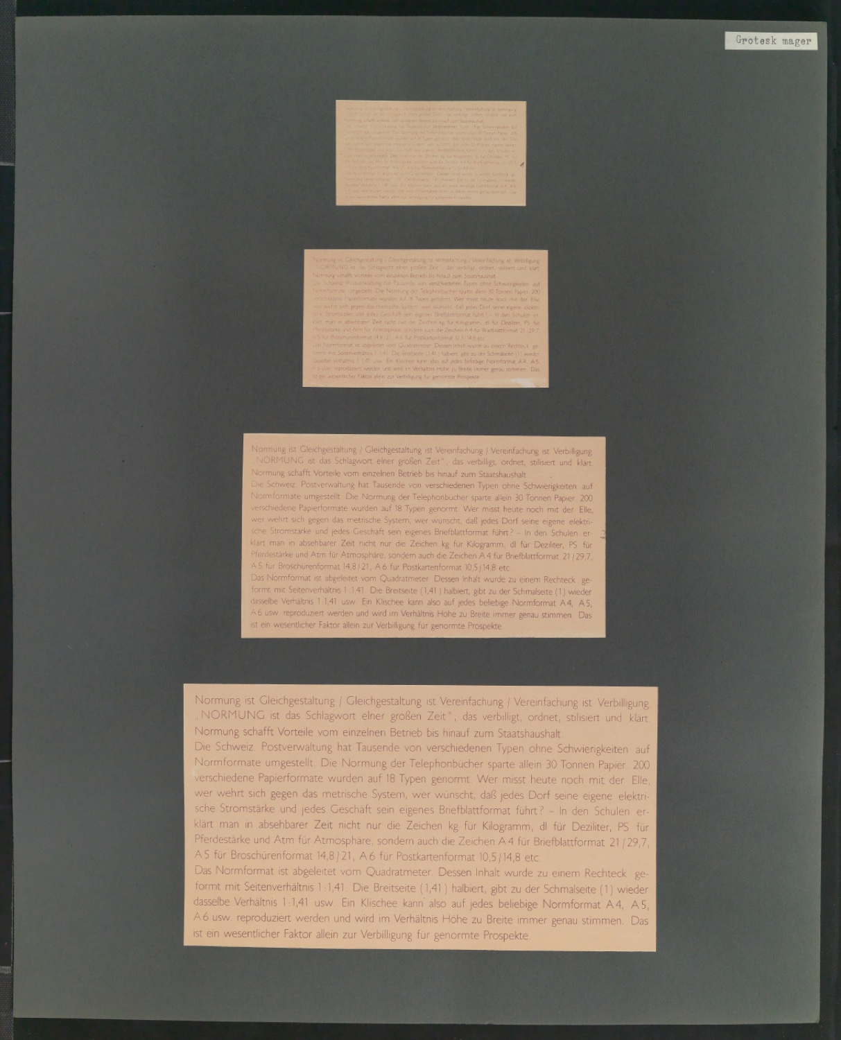 Mappe mit großformatig montierten Probedrucken von Uhertype Standard-Grotesk und Uhertype Ramses — Blatt 5