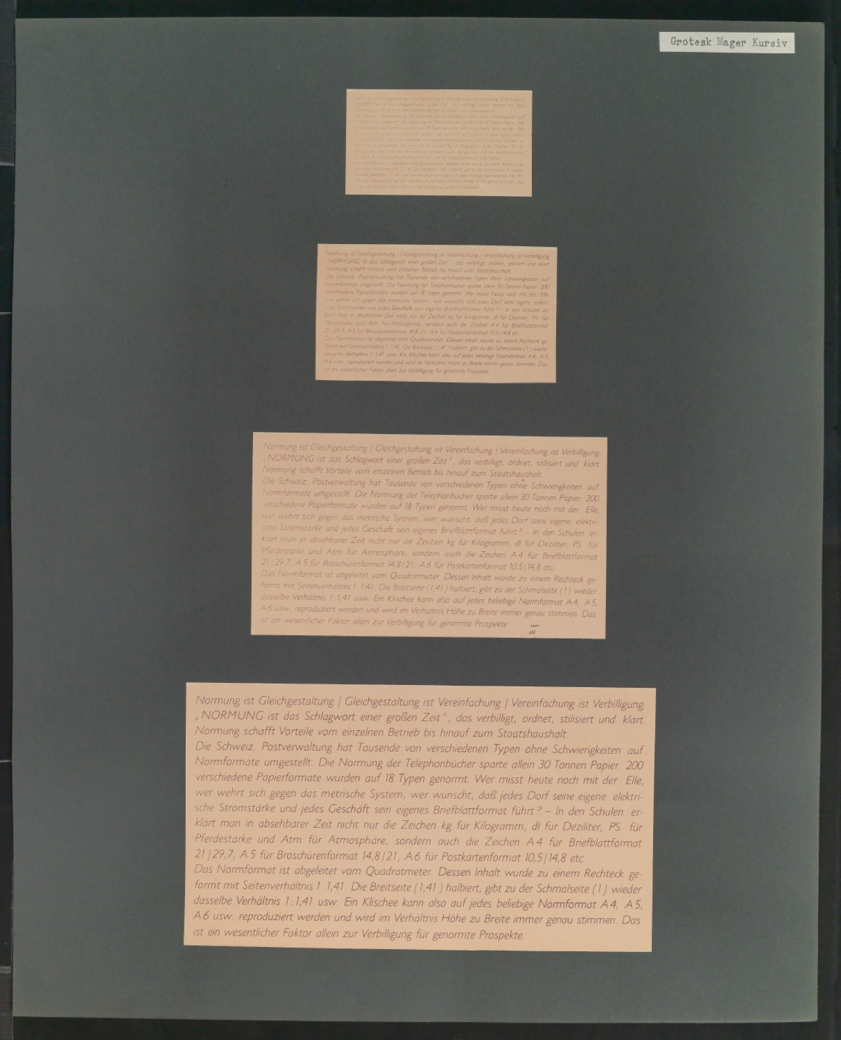 Mappe mit großformatig montierten Probedrucken von Uhertype Standard-Grotesk und Uhertype Ramses — Blatt 7