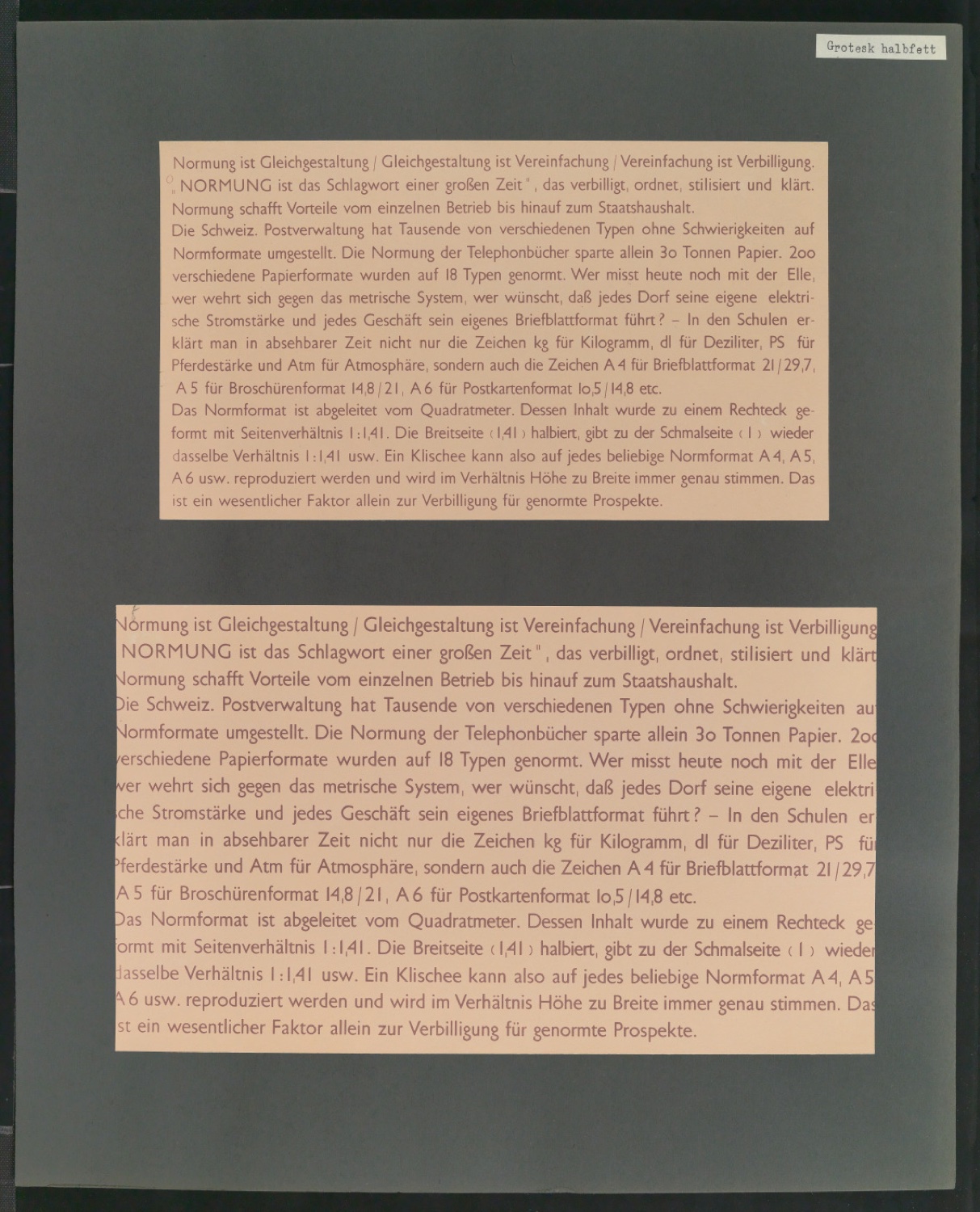 Mappe mit großformatig montierten Probedrucken von Uhertype Standard-Grotesk und Uhertype Ramses — Blatt 17