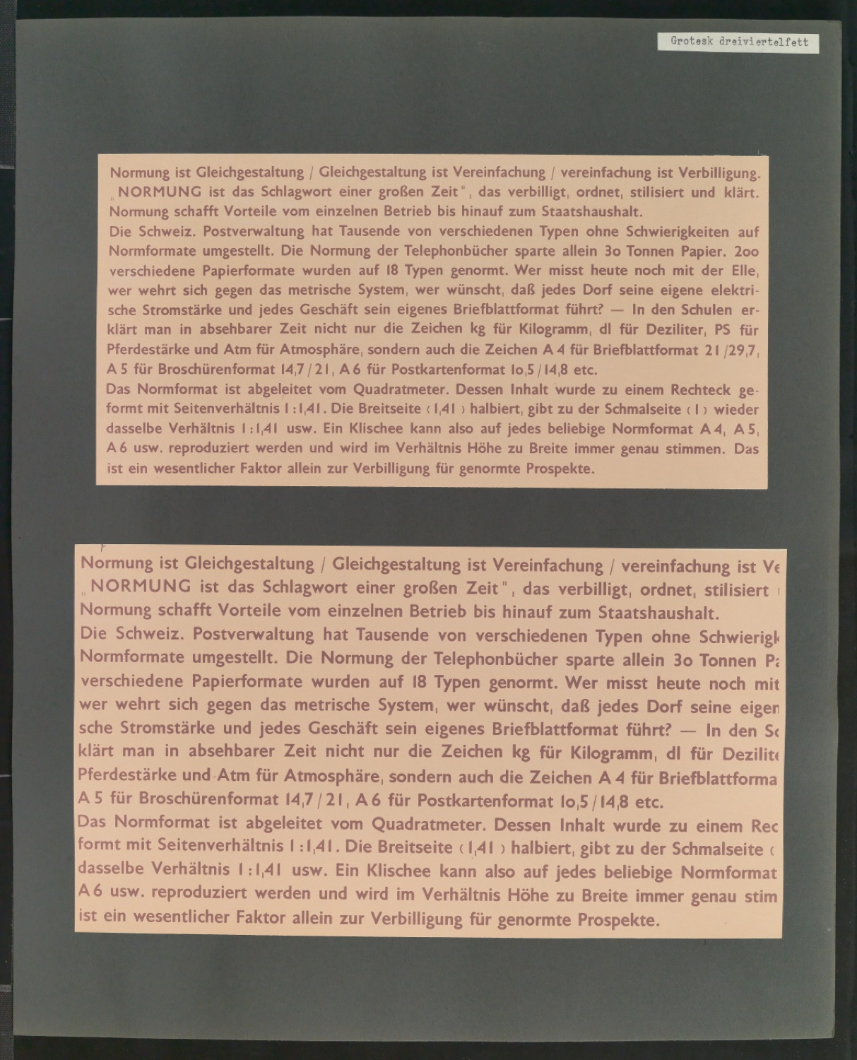 Mappe mit großformatig montierten Probedrucken von Uhertype Standard-Grotesk und Uhertype Ramses — Blatt 31