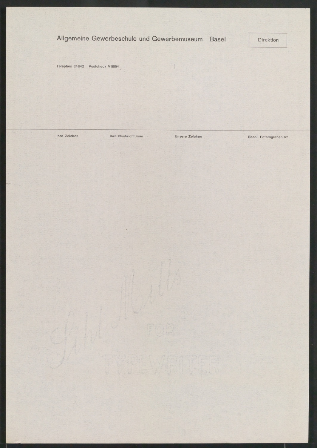 Briefbogen für die Direktion der Allgemeinen Gewerbeschule und Gewerbemuseum Basel — Blatt 1