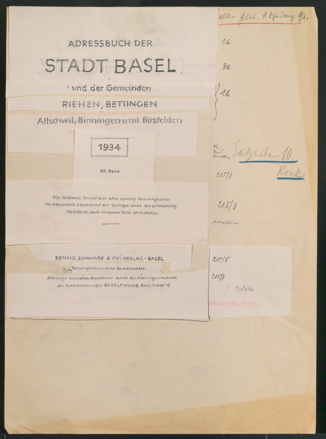 Entwurfszeichnungen für Titelblatt und Einbanddecke von Basler Adressbuch 1934 — Blatt 9