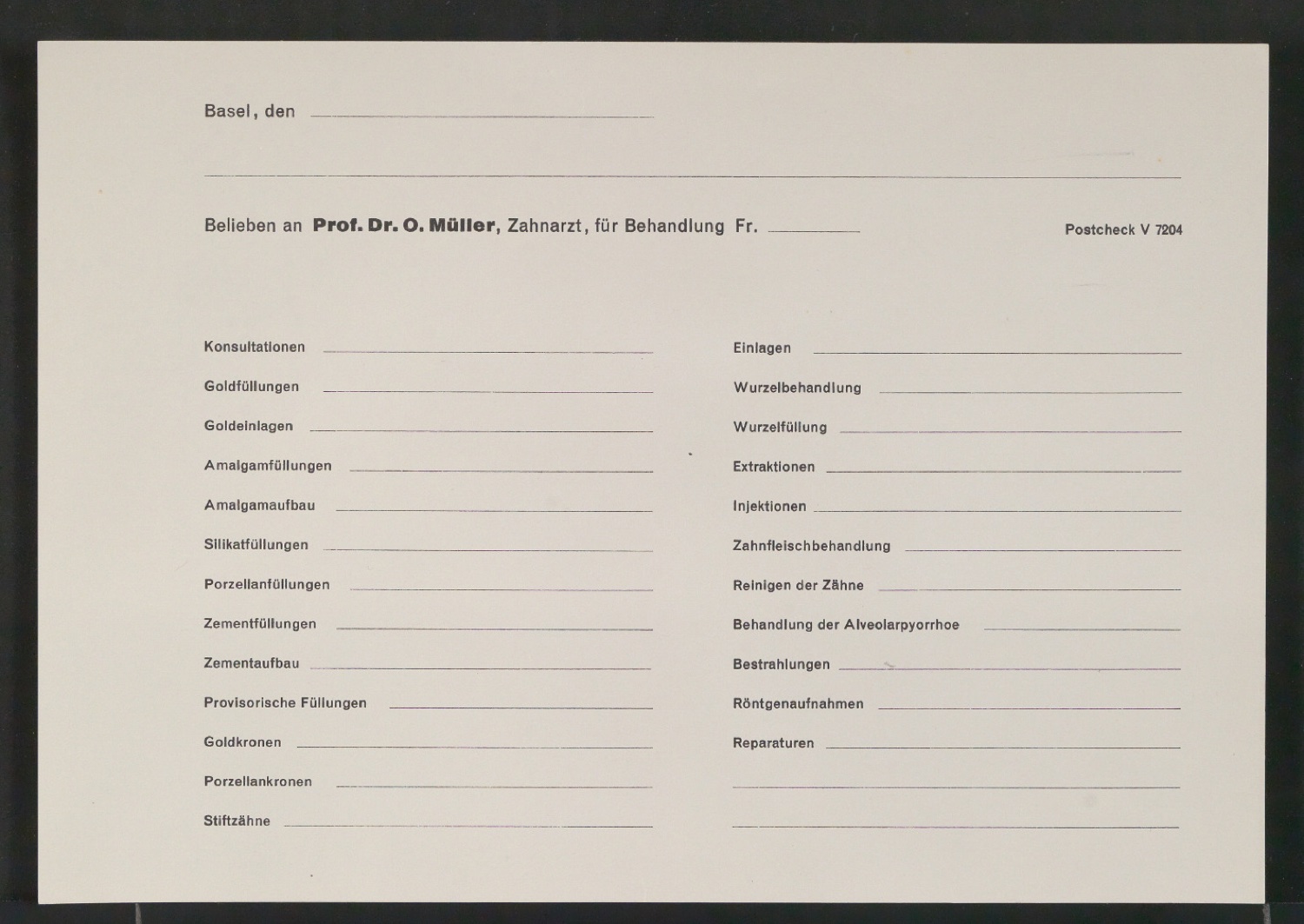 Rechnungsvordruck für Prof. Dr. O. Müller Zahnarzt — Blatt 1