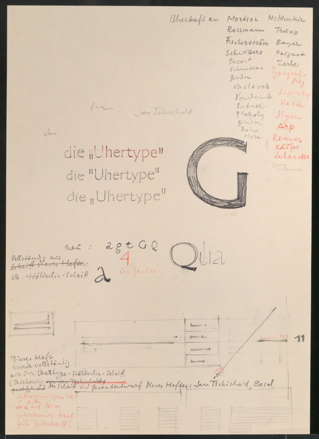 Entwurfsskizzen, Typoskripte und Notizen für Uhertype Prospekt — Blatt 39
