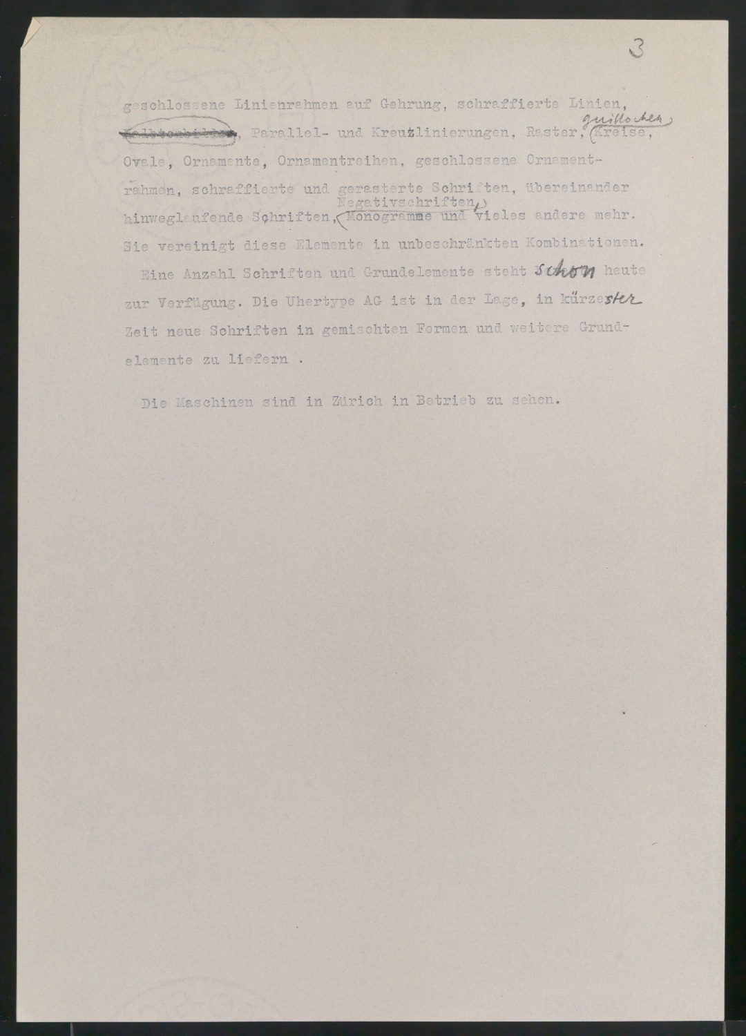 Entwurfsskizzen, Typoskripte und Notizen für Uhertype Prospekt — Blatt 61