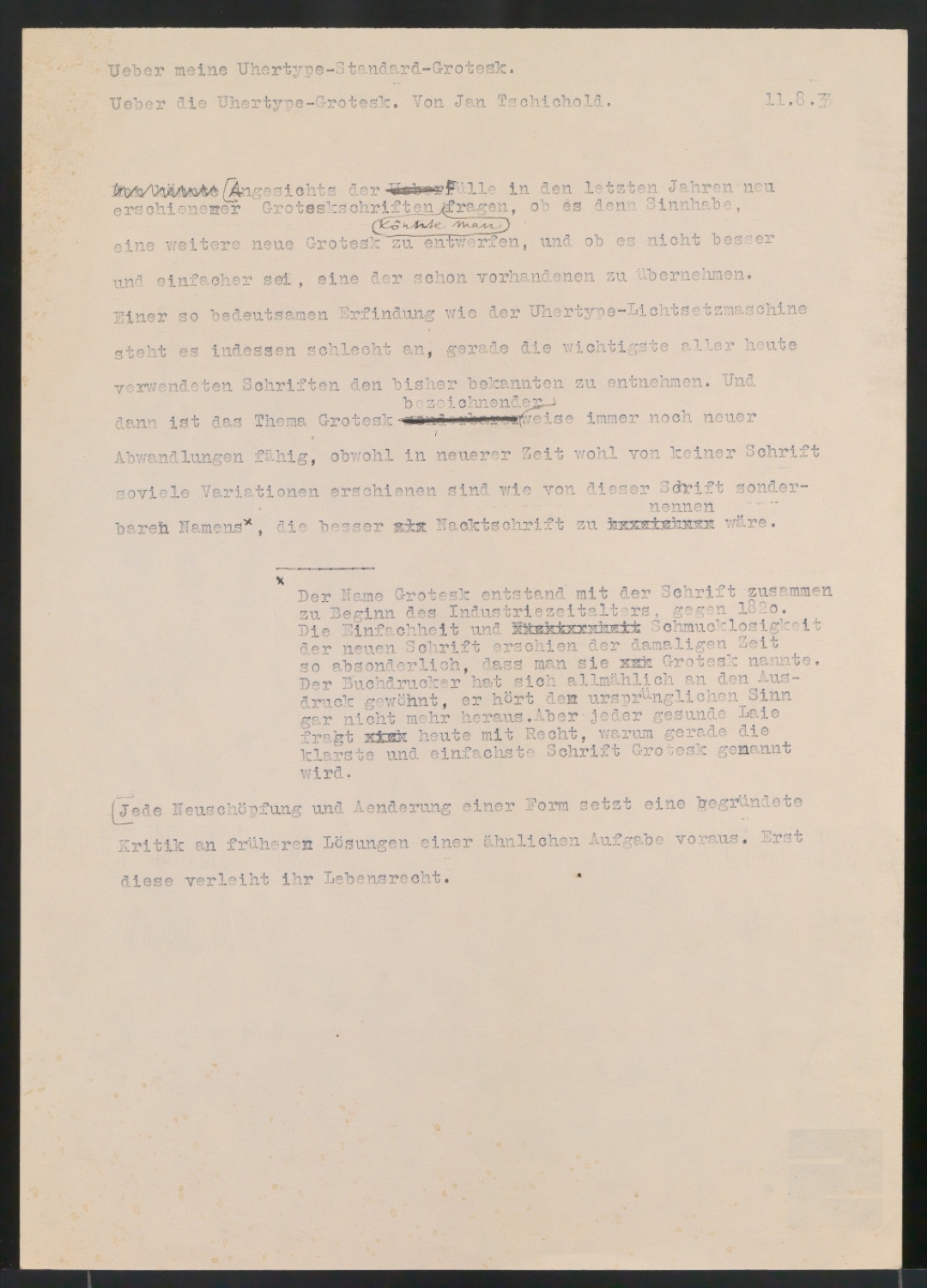Entwurfsskizzen, Typoskripte und Notizen für Uhertype Prospekt — Blatt 63