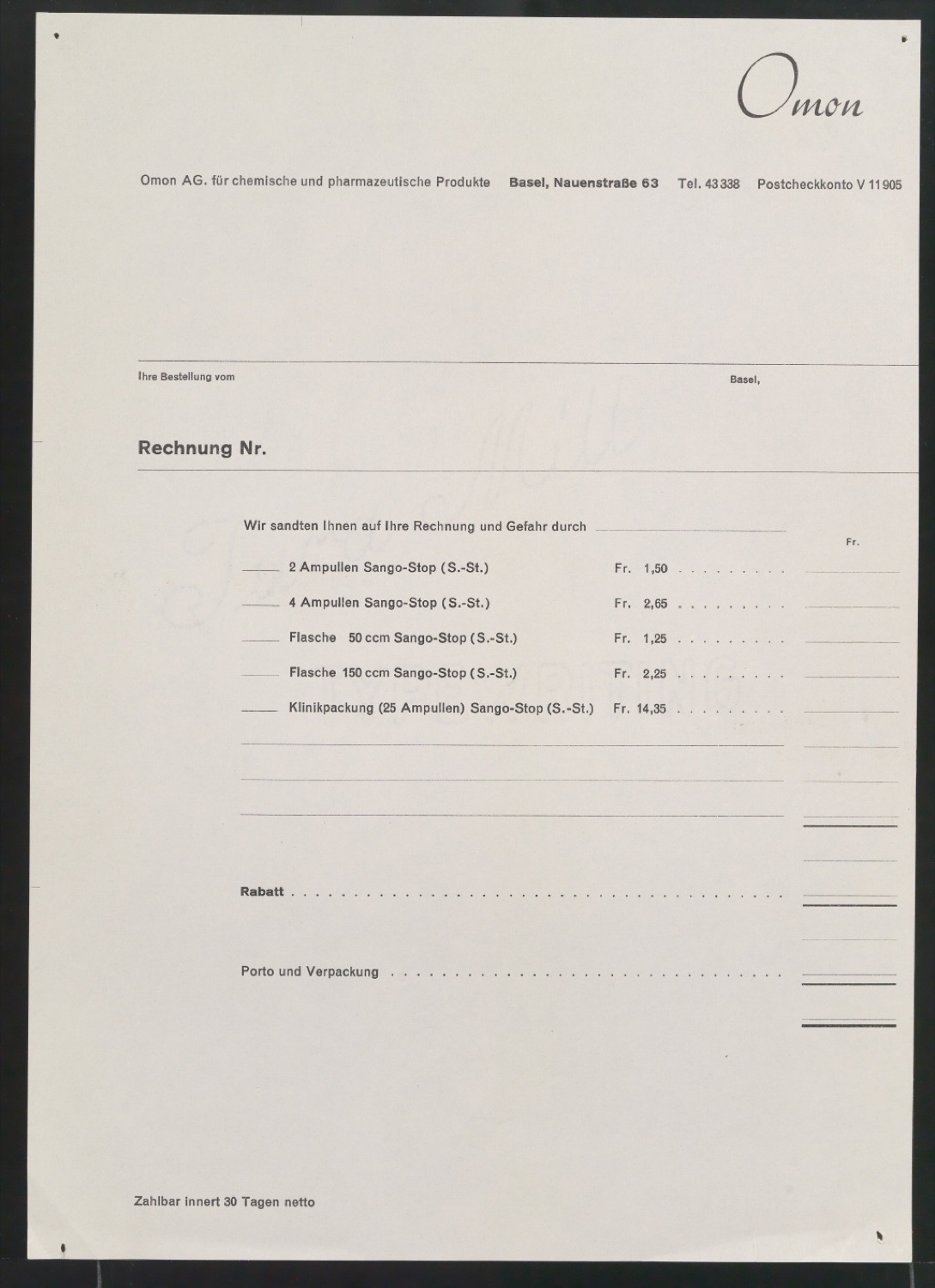 Rechnungsvordruck und Briefumschlag für Omon AG — Blatt 3