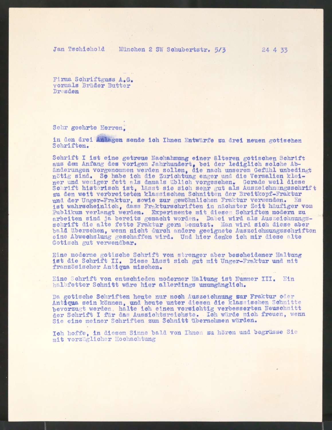 Briefe von Jan Tschichold an Schriftguß AG und Schriftgiesserei H. Berthold AG, vom 24.4.33 und 1.5.33 — Blatt 1