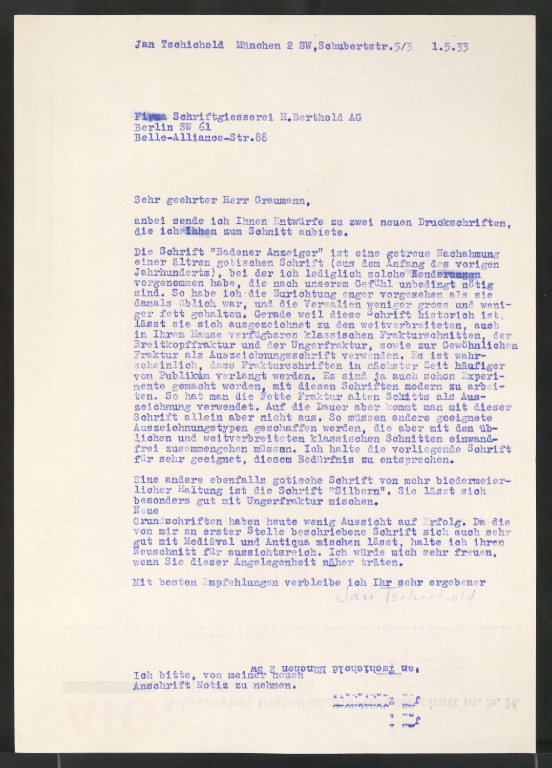Briefe von Jan Tschichold an Schriftguß AG und Schriftgiesserei H. Berthold AG, vom 24.4.33 und 1.5.33 — Blatt 3