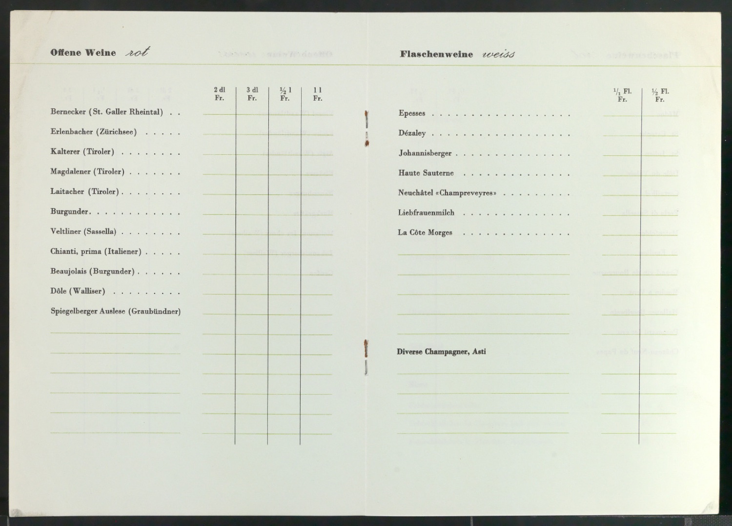Probedruck von Wein-Karte Gasthaus zum Rössli Augst — Blatt 3
