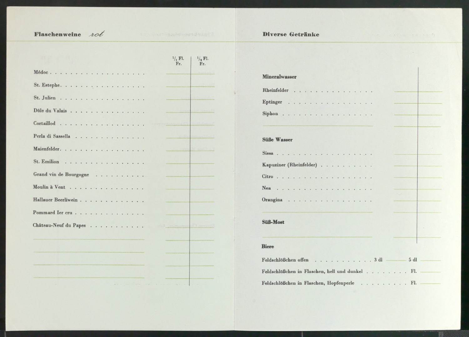 Probedruck von Wein-Karte Gasthaus zum Rössli Augst — Blatt 4