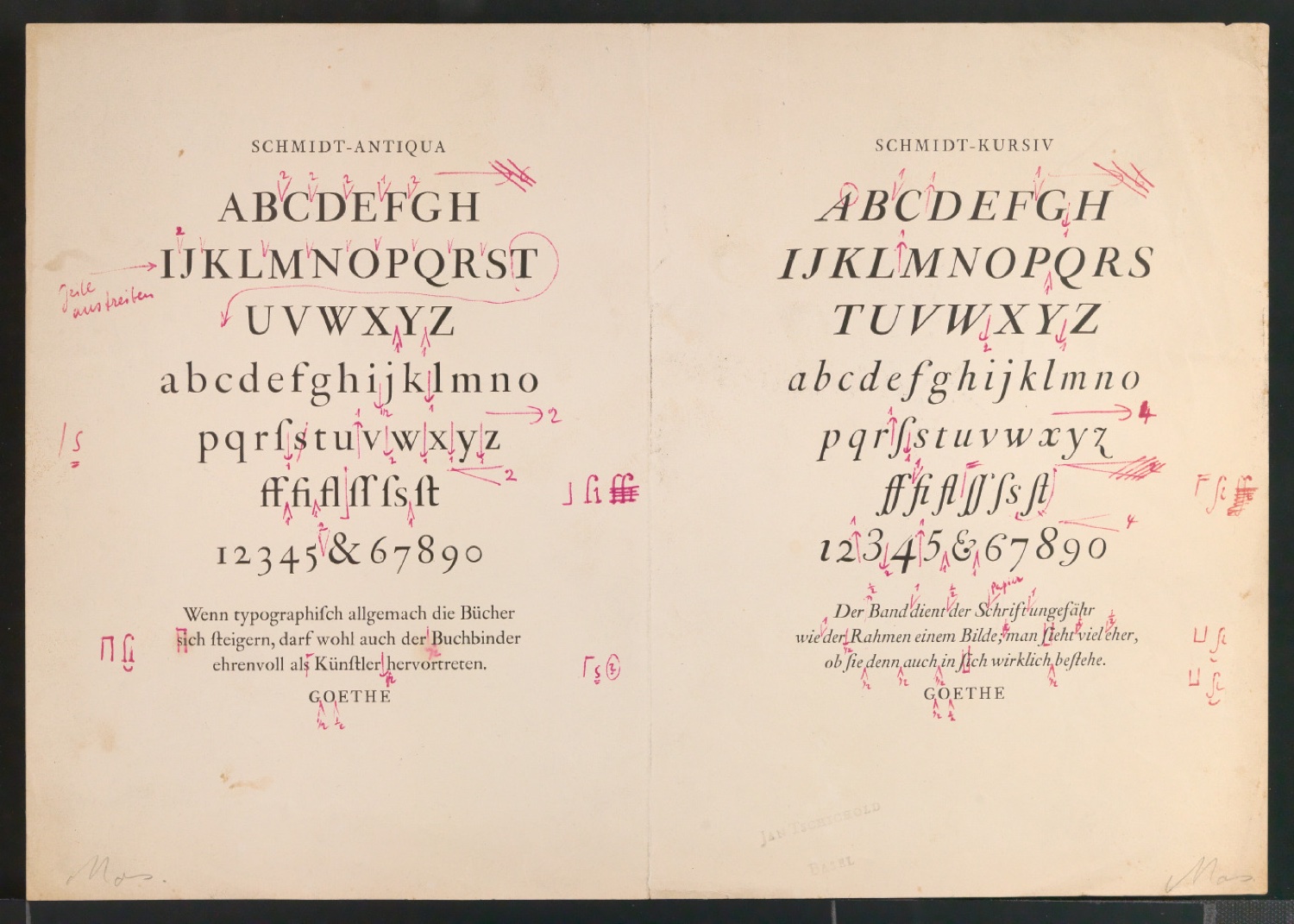 Korrekturfahne von Übersicht Schmidt-Antiqua und Schmidt-Kursiv — Blatt 1