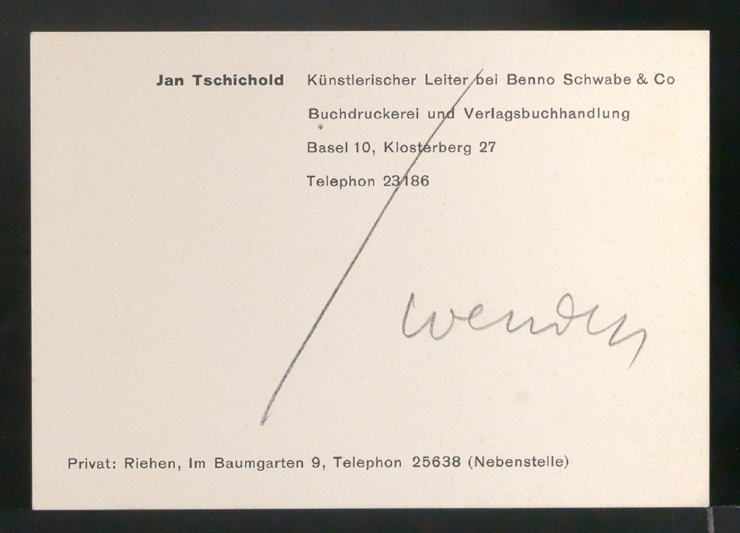 Visitenkarten für Jan Tschichold Künstlerischer Leiter bei Benno Schwabe & Co — Blatt 1