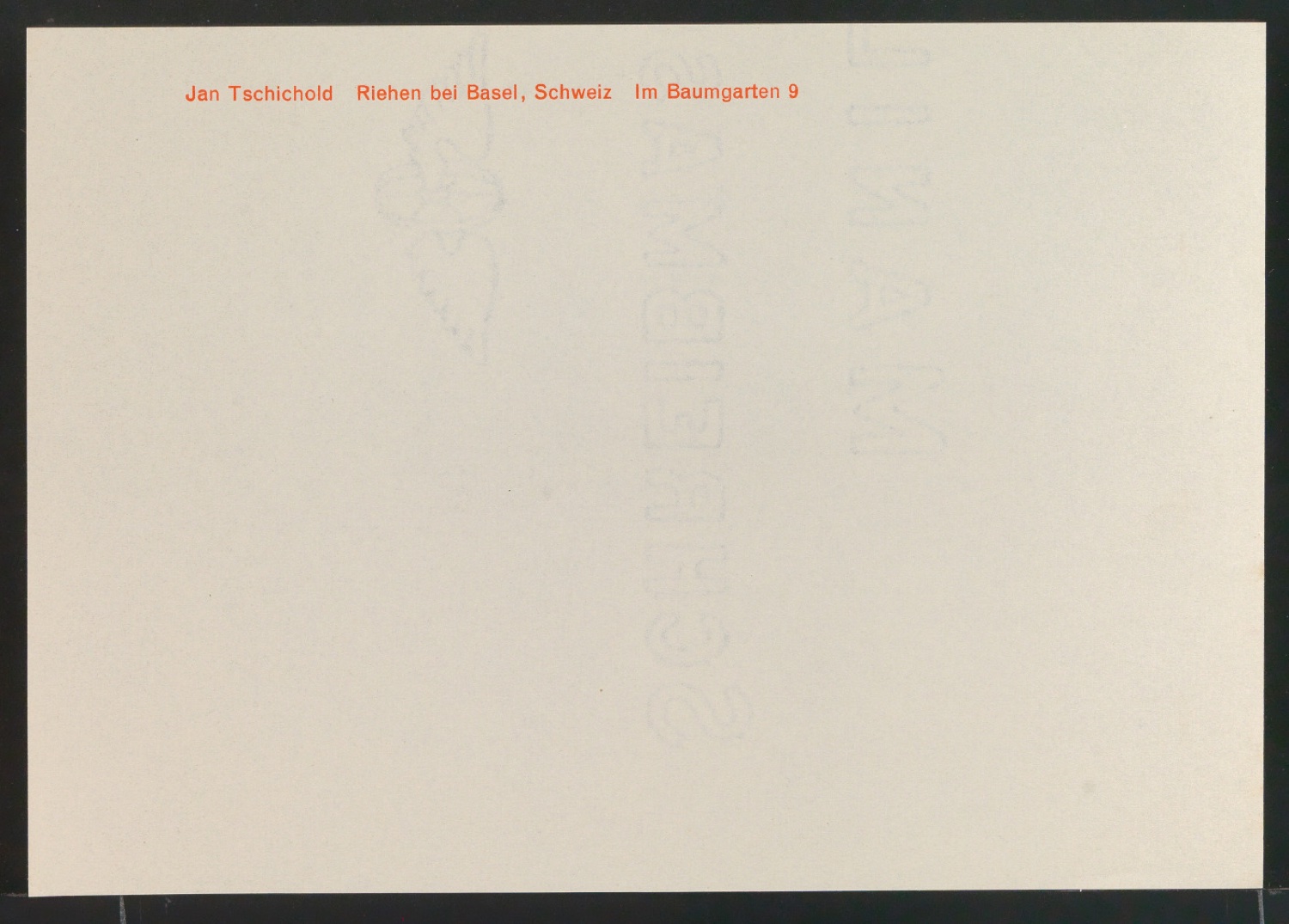 Briefbogen Kurzbrief für Jan Tschichold, Im Baumgarten 9 — Blatt 1