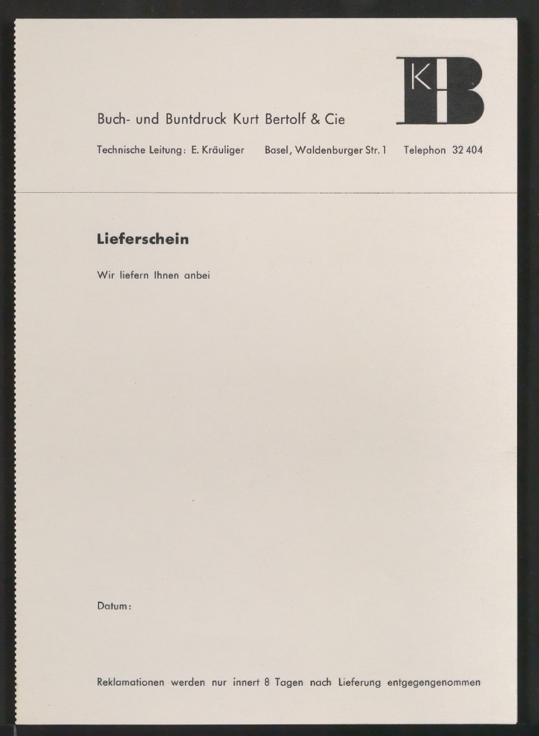 Probedruck von Lieferschein für Kurt Bertolf & Cie — Blatt 1
