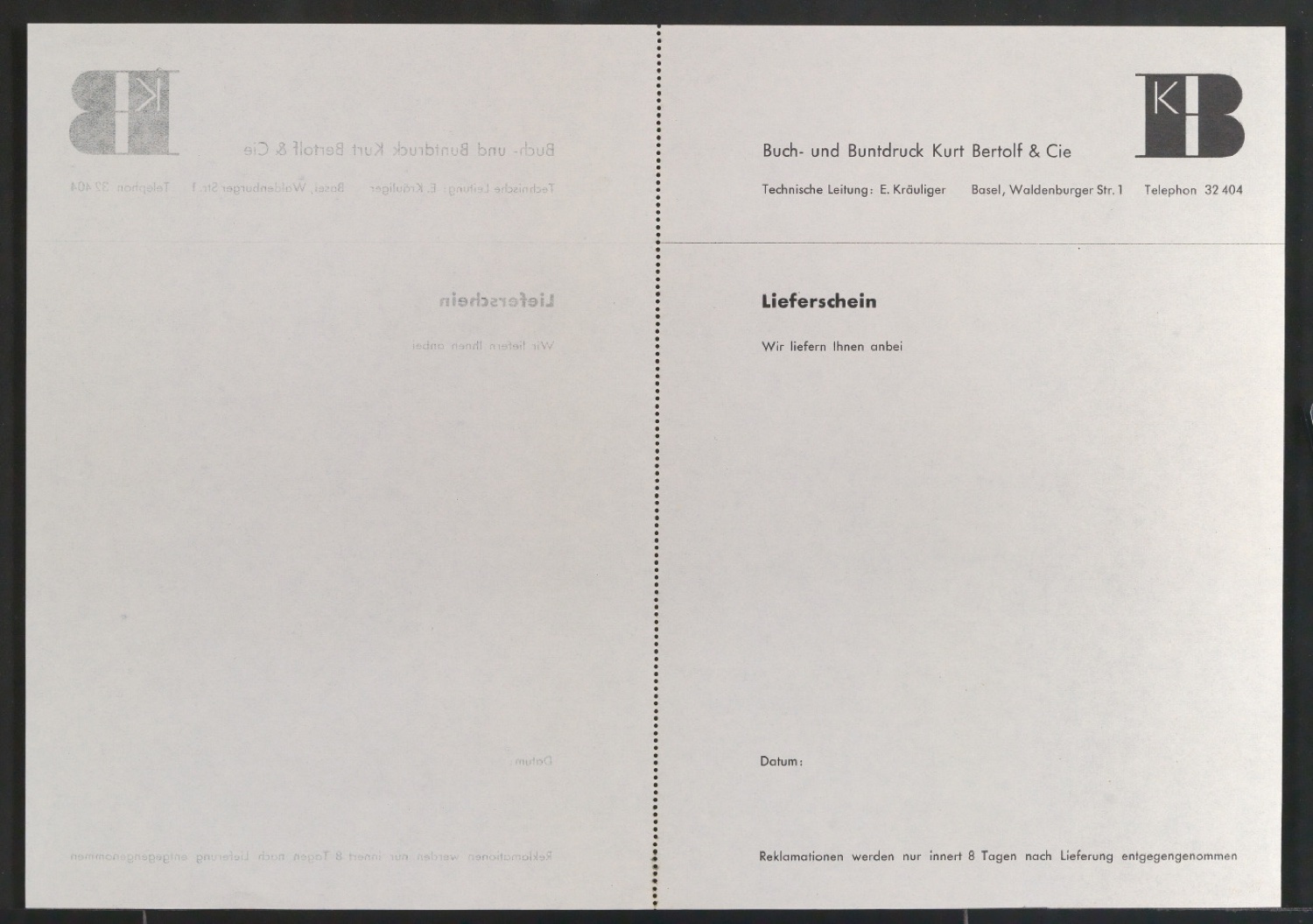Probedruck von Lieferschein für Kurt Bertolf & Cie — Blatt 2