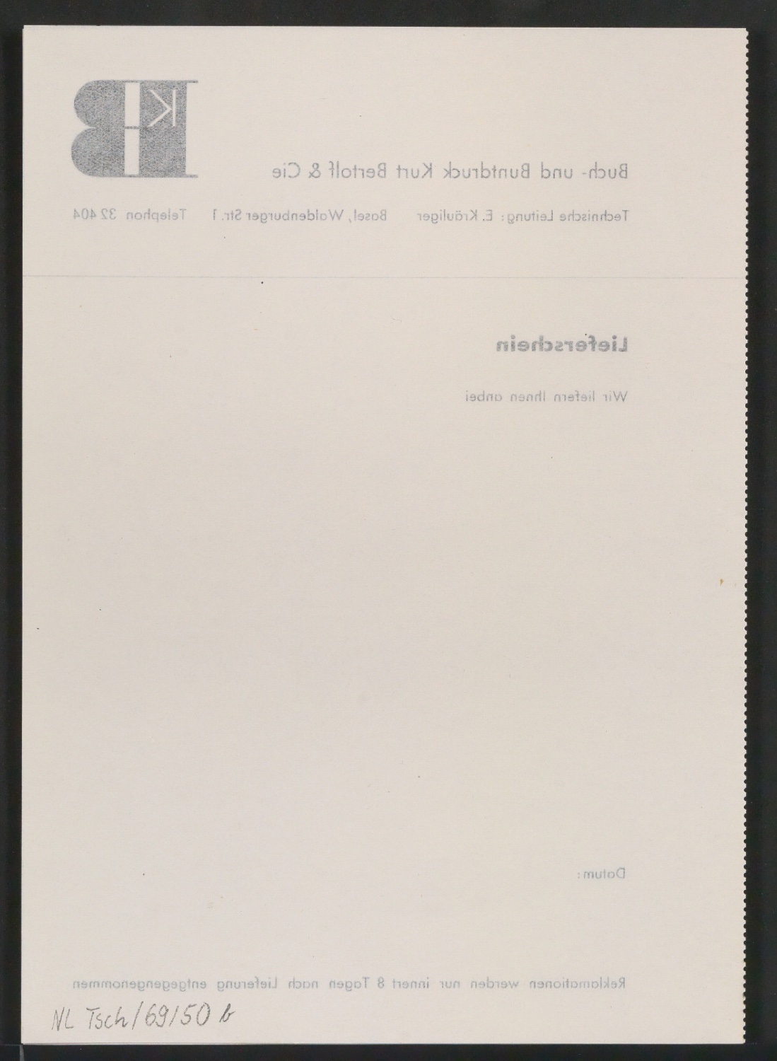 Probedruck von Lieferschein für Kurt Bertolf & Cie — Blatt 3