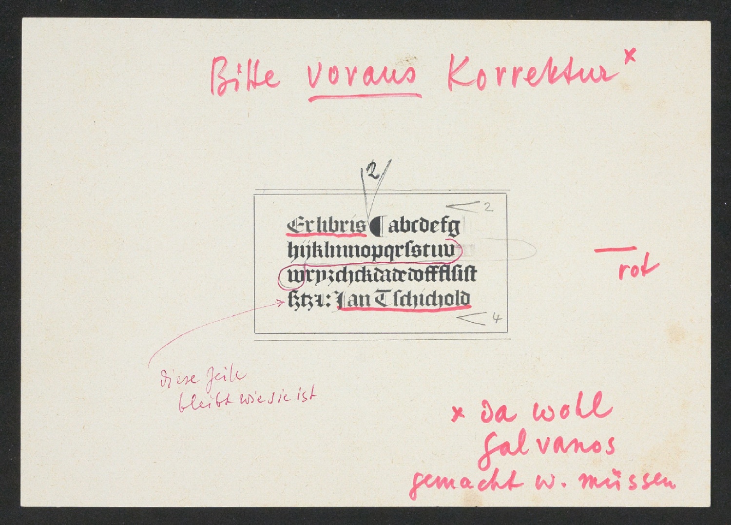 Korrekturfahne eines Exlibris für Jan Tschichold — Blatt 1