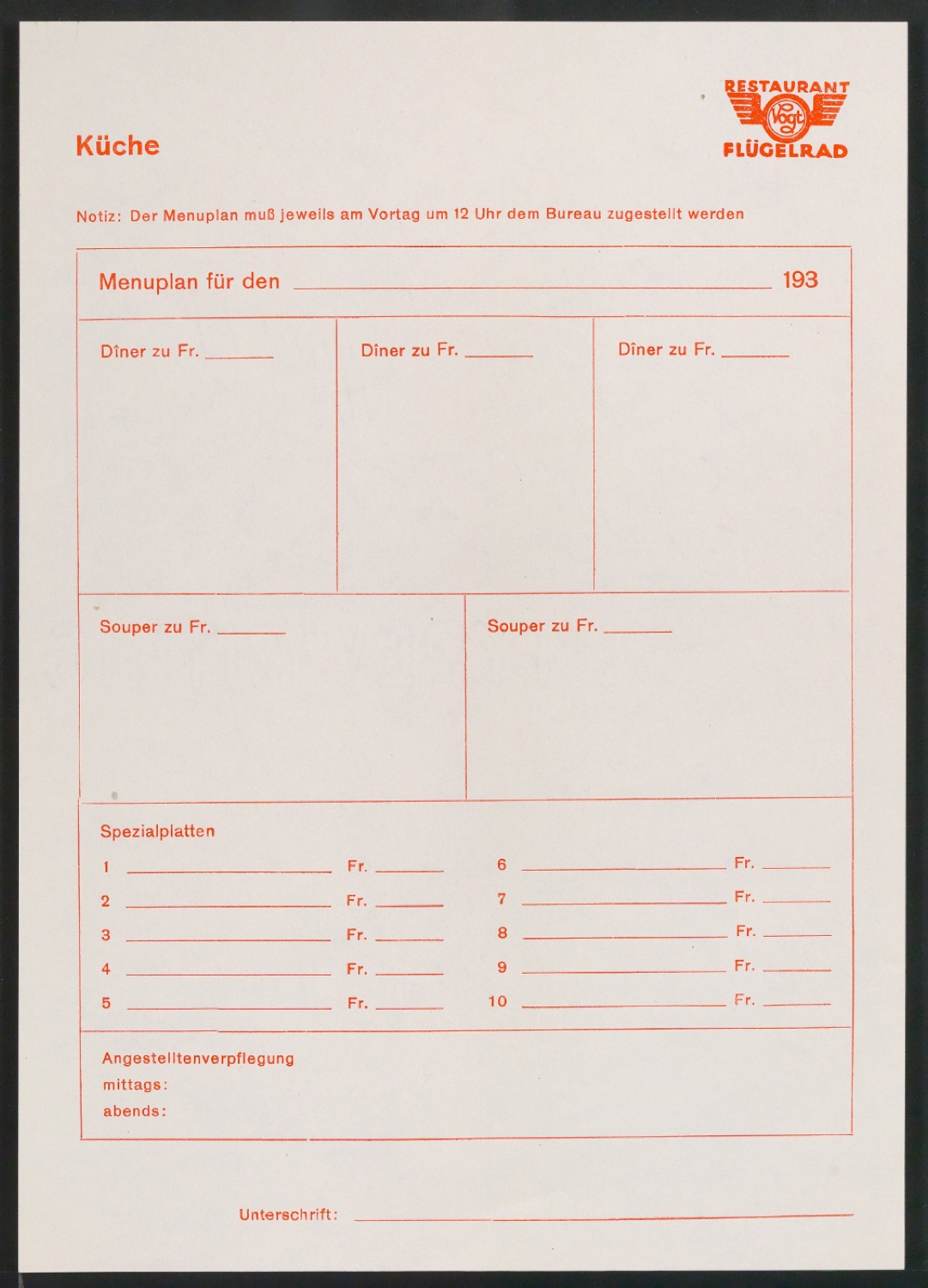 Vordruck Menüplan Küche — Blatt 1