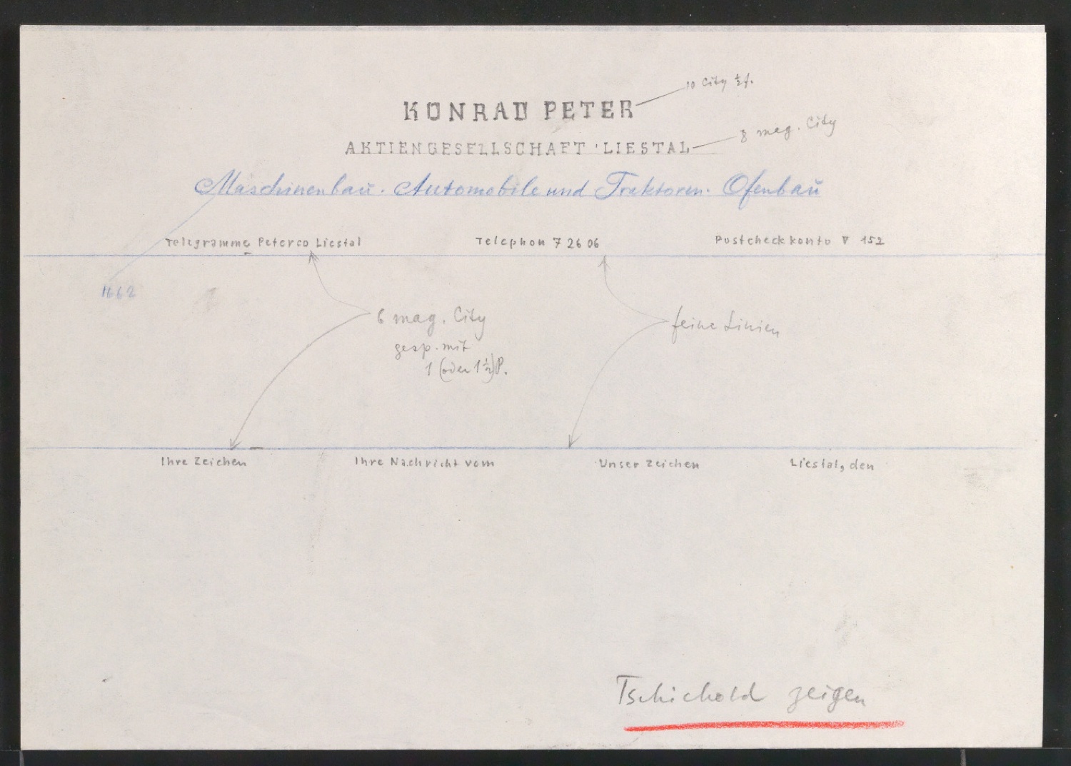 Skizzenentwürfe und Probedruck von Briefbogen für Konrad Peter AG Liestal — Blatt 3