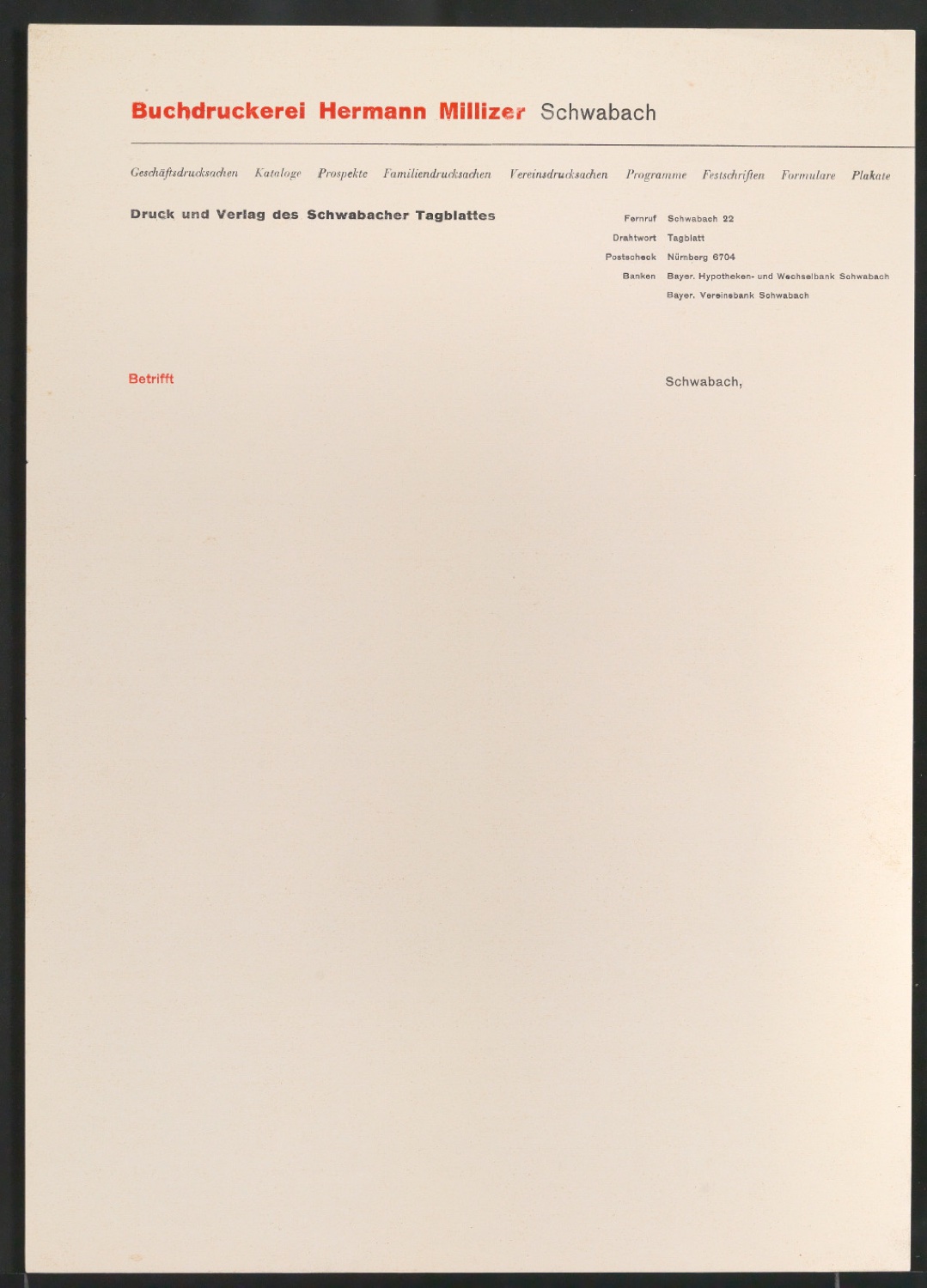 Probedruck von Briefbogen für Buchdruckerei Hermann Millizer — Blatt 1