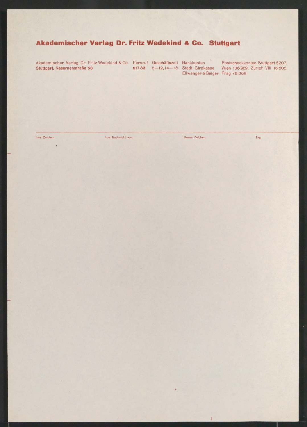 Briefbogen für Akademischer Verlag Dr. Fritz Wedekind & Co — Blatt 1