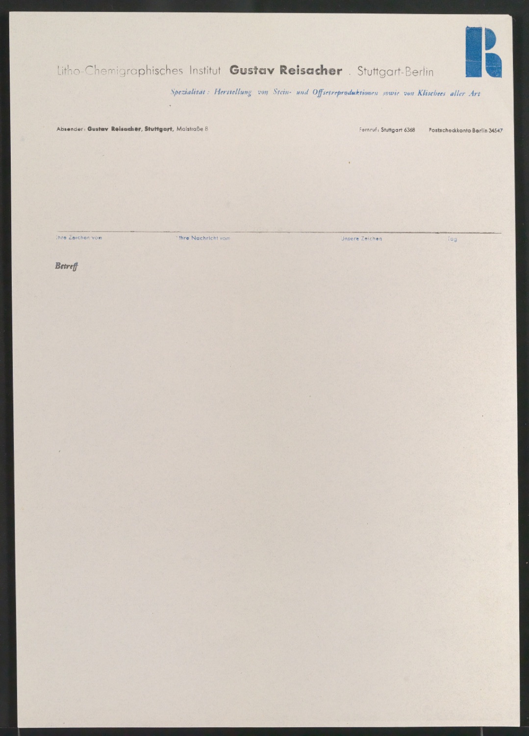 Probedruck von Briefbogen für Litho-Chemigraphisches Institut Gustav Reisacher — Blatt 1