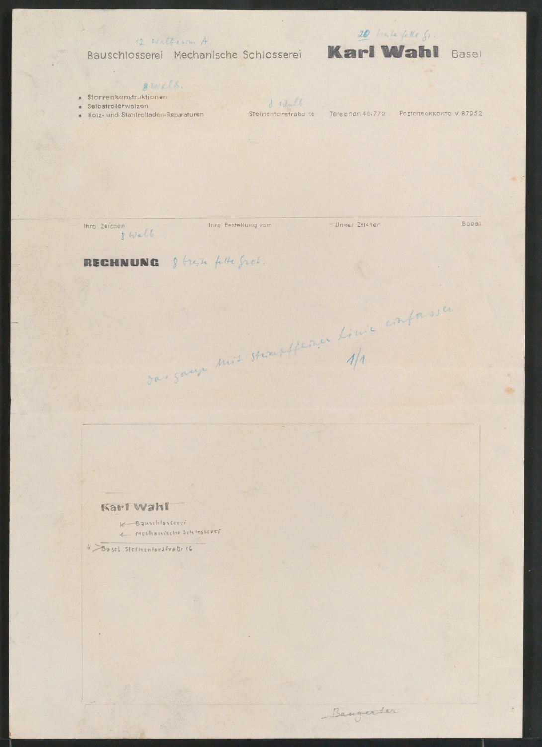 Skizzenentwurf von Briefkopf für Karl Wahl, Bauschlosserei — Blatt 1