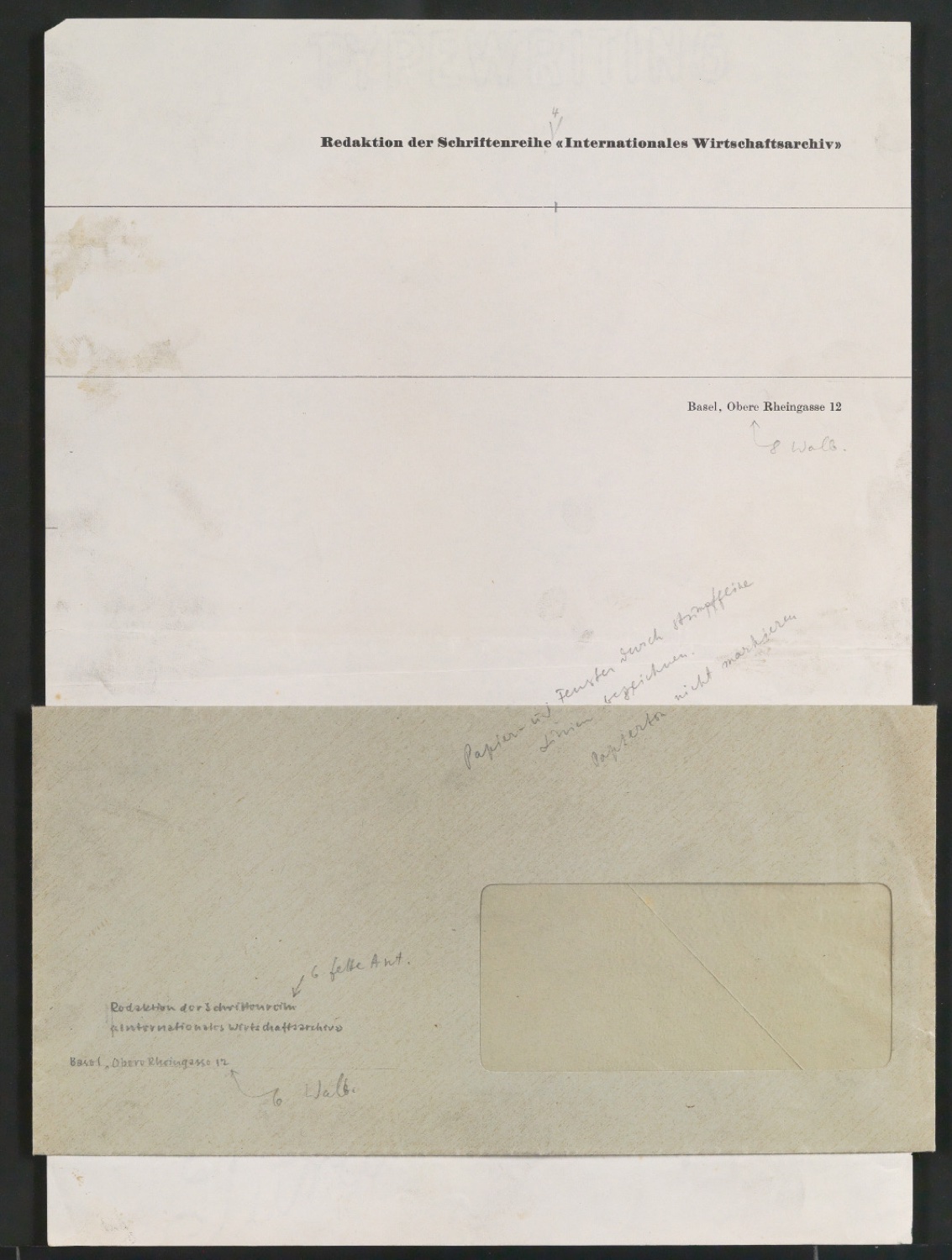Probedruck von Briefbogen und Entwurf von Briefumschlag für Redaktion der Schriftenreihe "Internationales Wirtschaftsarchiv" — Blatt 1