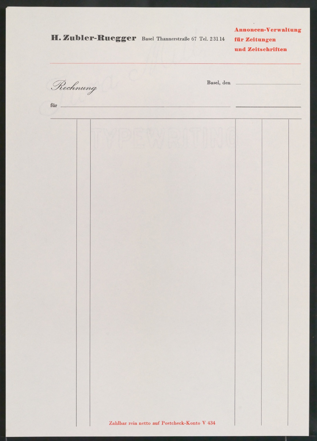 Rechnungsvordruck für Firma H. Zubler-Ruegger — Blatt 1