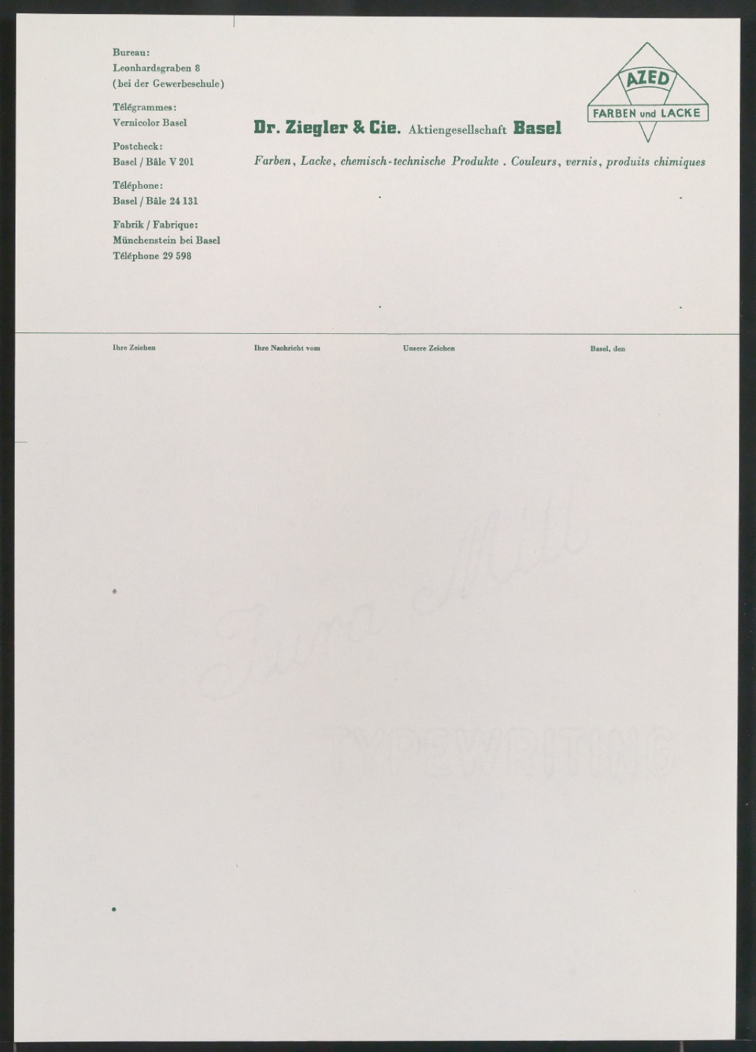 Briefbogen für Dr. Ziegler & Cie. Aktiengesellschaft — Blatt 1