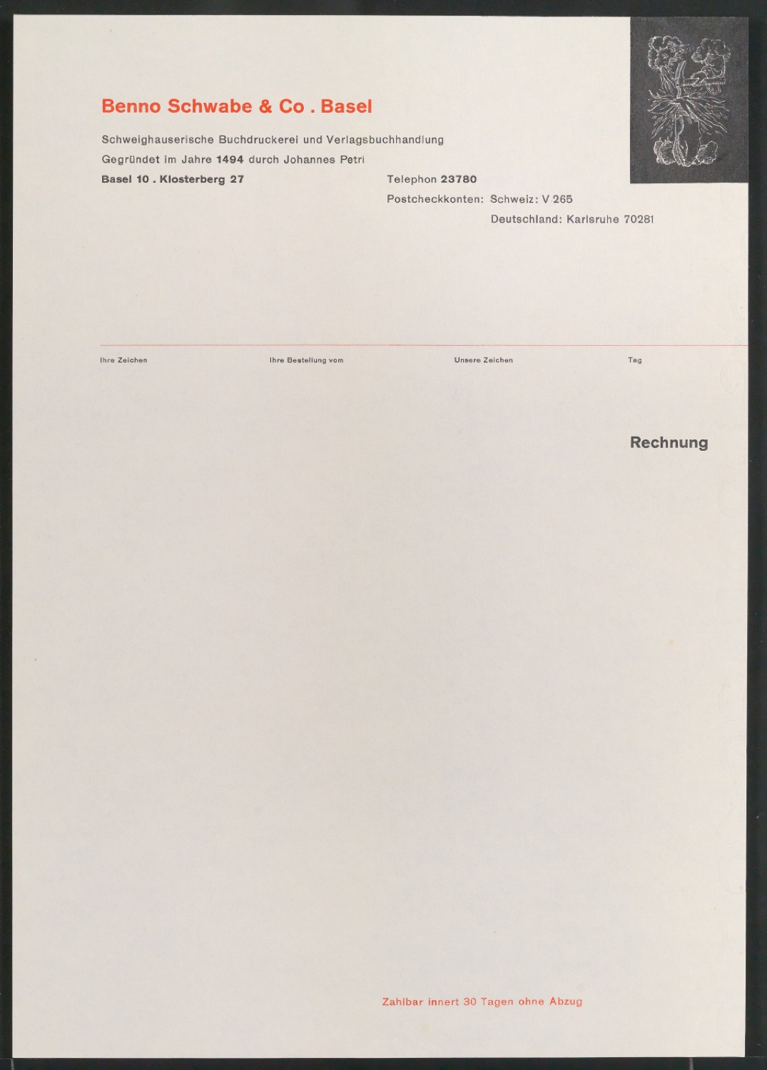 Briefbögen und Briefumschläge für Benno Schwabe & Co — Blatt 1