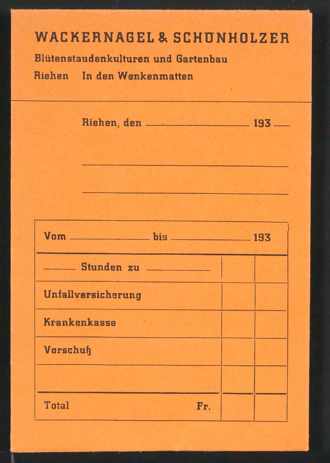 Geschäftsdrucksachen für Firma Wackernagel & Schönholzer, Gartenbau — Blatt 7