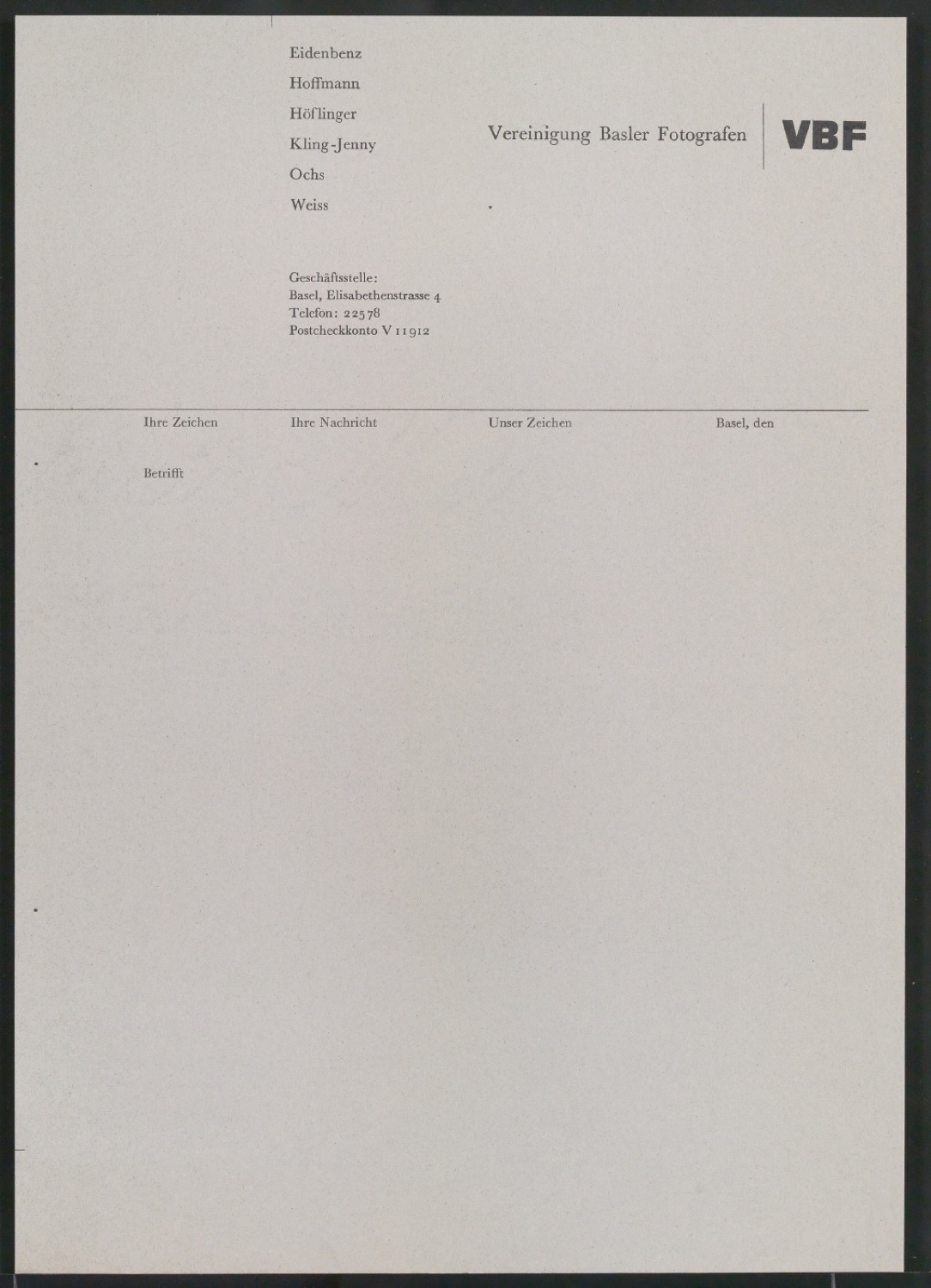 Briefbogen, Rechnungsvordruck und Visitenkarte für Vereinigung Basler Fotografen — Blatt 1