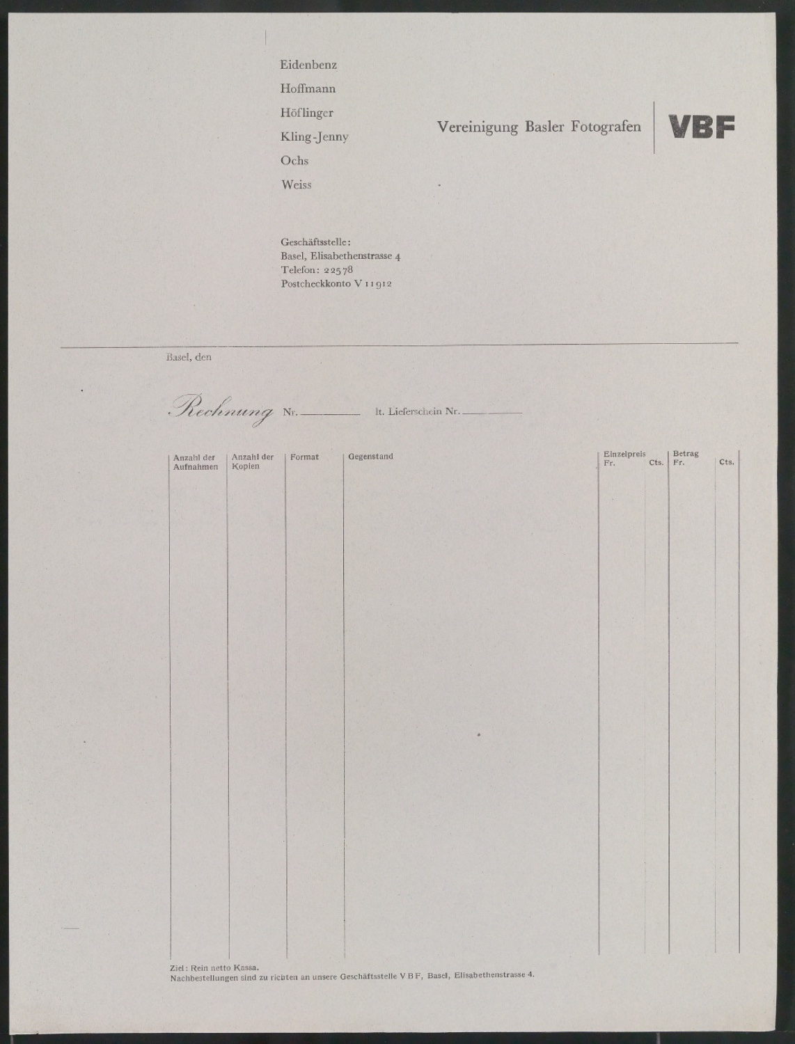 Briefbogen, Rechnungsvordruck und Visitenkarte für Vereinigung Basler Fotografen — Blatt 3
