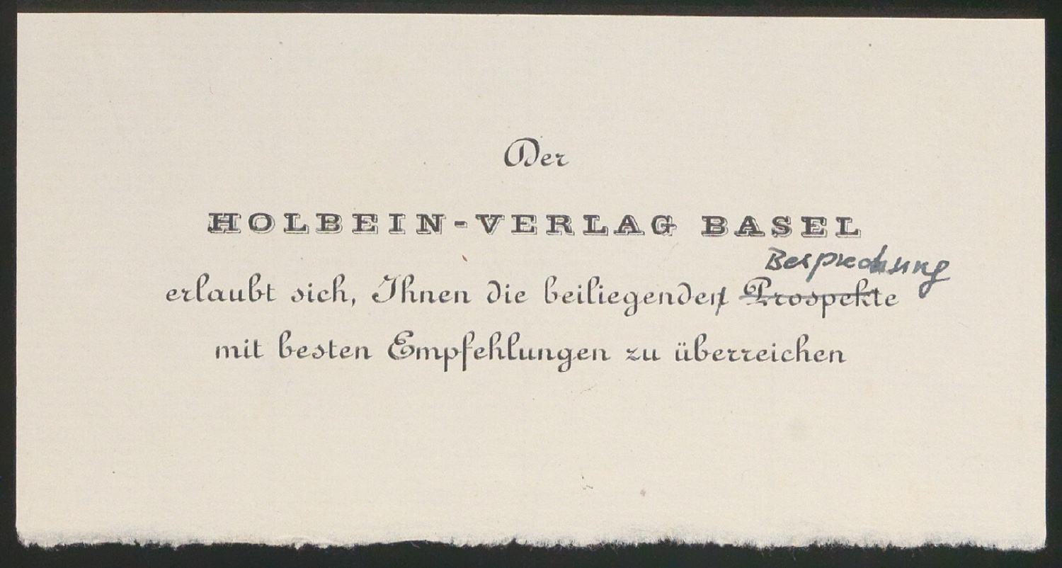 Empfehlungskarte mit Korrektur für den Holbein Verlag — Blatt 1
