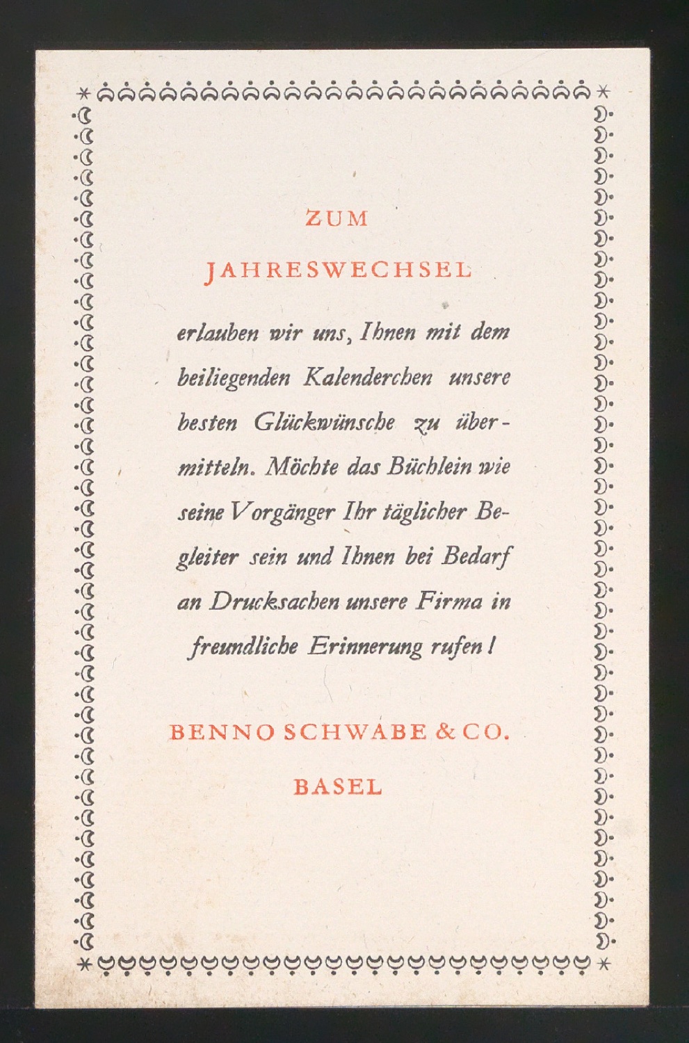 Empfehlungskarte Neujahrswünsche für Benno Schwabe & Co — Blatt 1