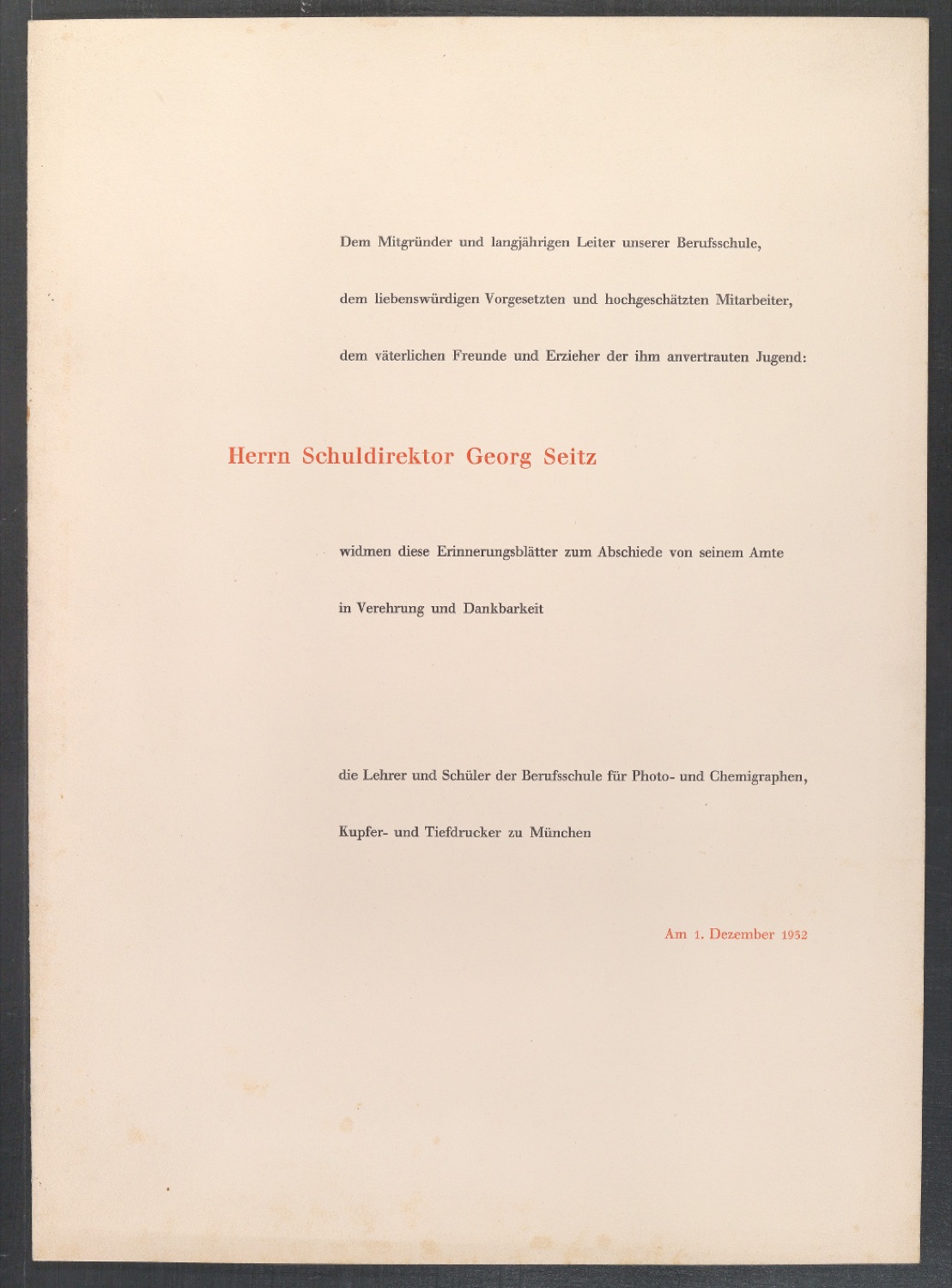 Erinnerungsblätter zum Abschied von Schuldirektor Georg Seitz — Blatt 1