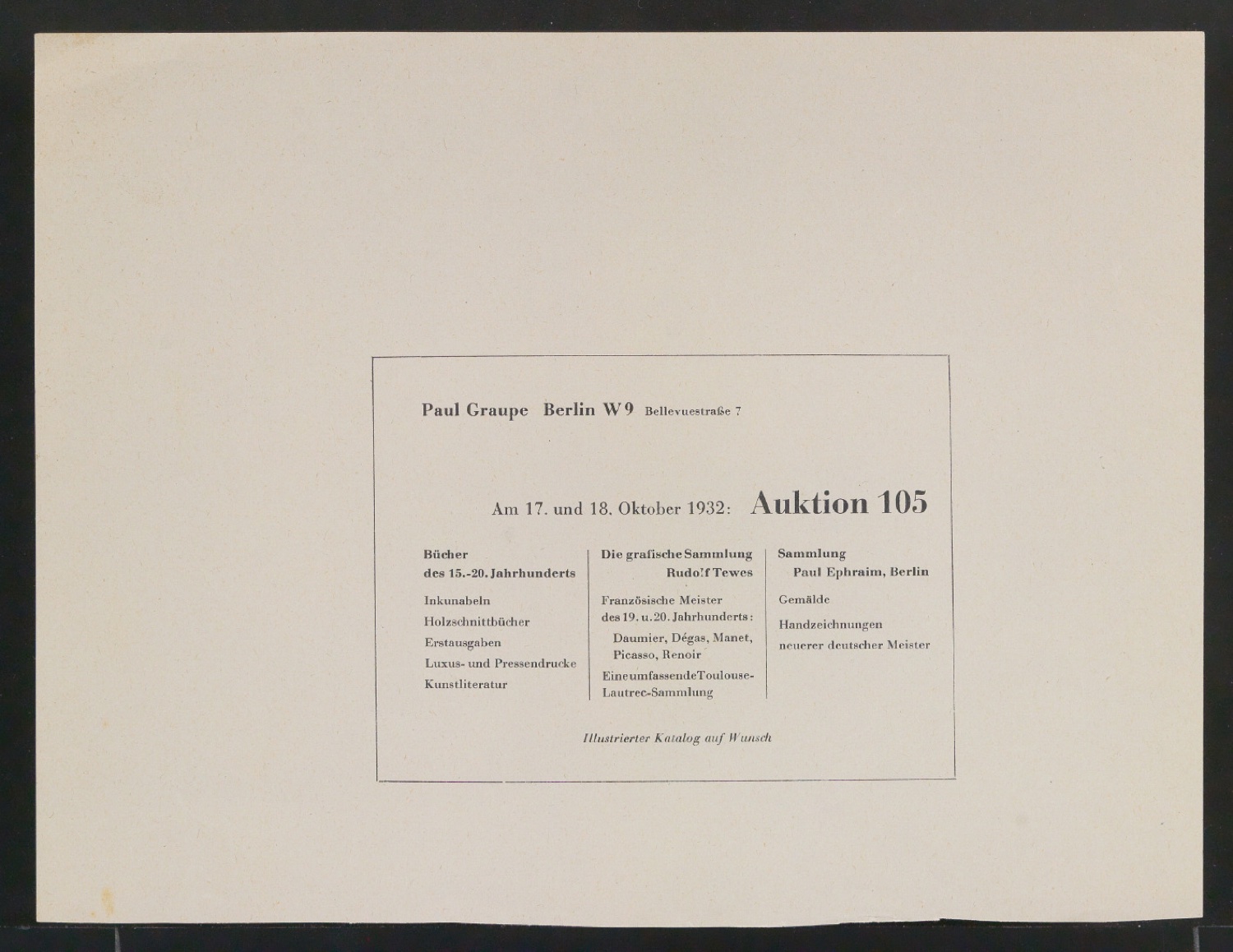 Probedruck für Werbeanzeige Auktion 105 Paul Graupe — Blatt 1