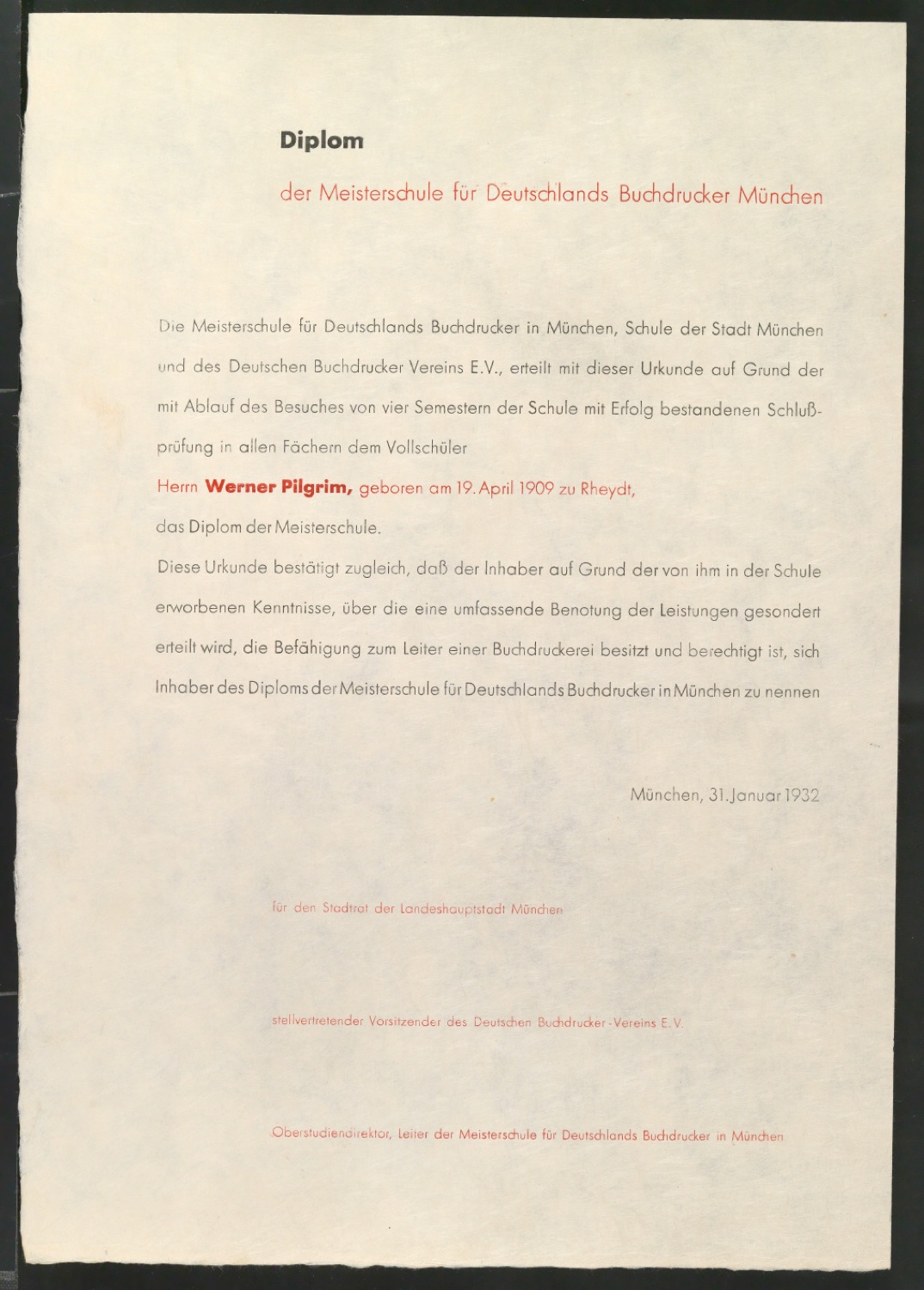 Diplomurkunde der Meisterschule für Deutschlands Buchdrucker für Werner Pilgrim — Blatt 1