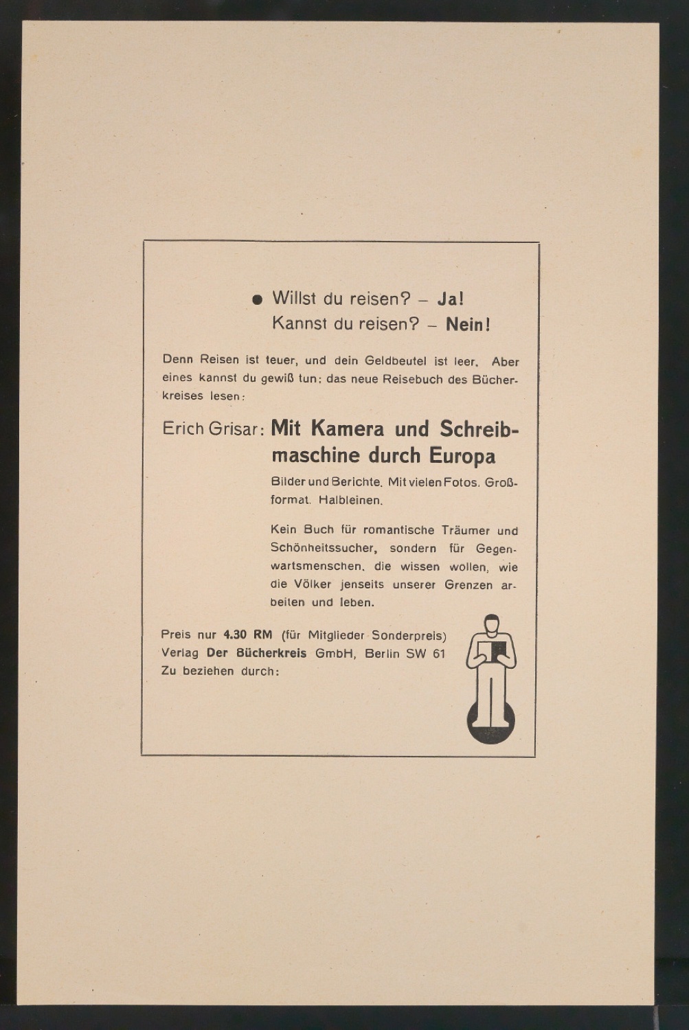 Probedruck von Werbeanzeige Mit Kamera und Schreibmaschine durch Europa — Blatt 1