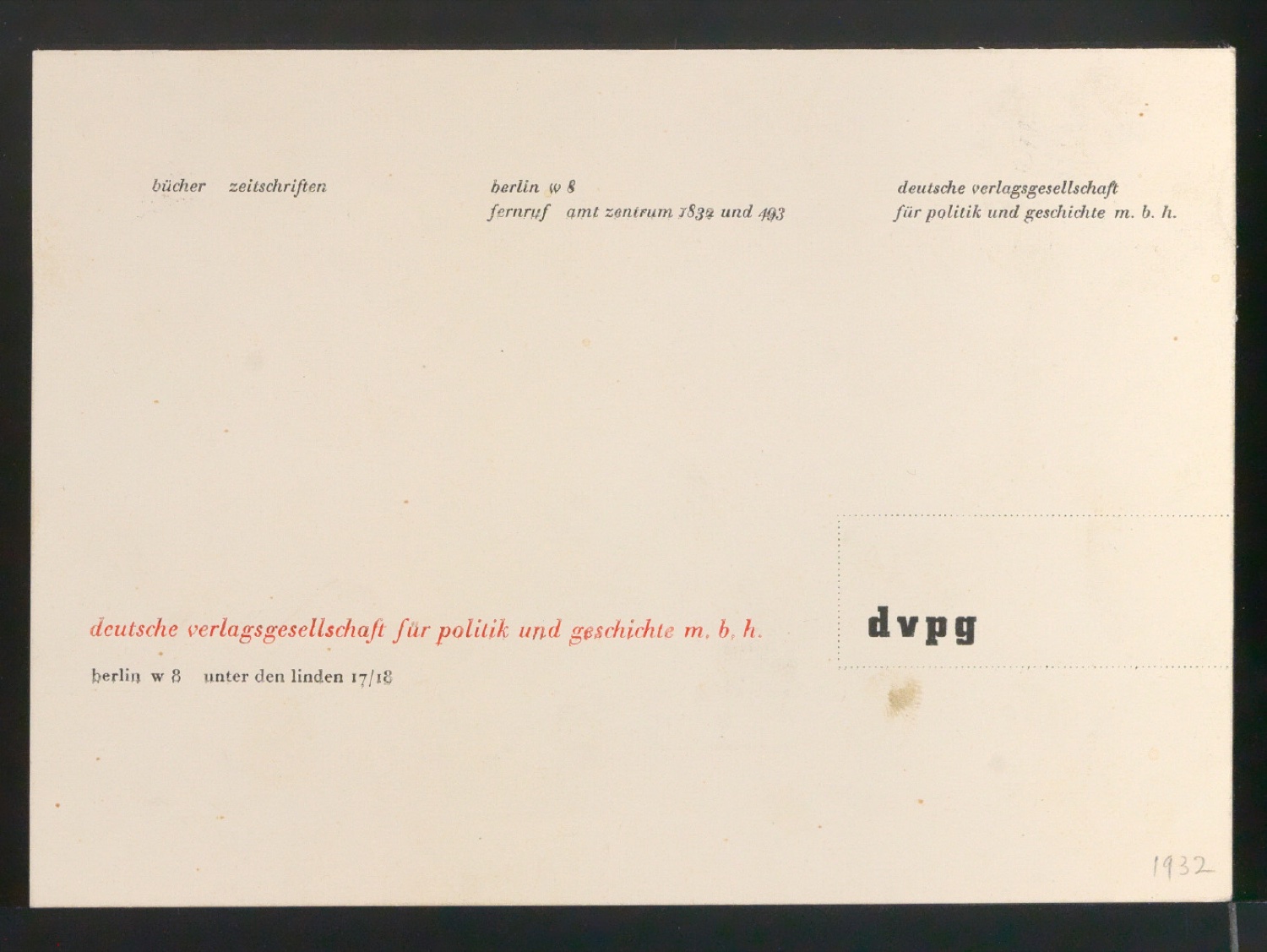 Probedruck von Postkarte für Deutsche Verlagsgesellschaft für Politik und Geschichte M.B.H. — Blatt 1