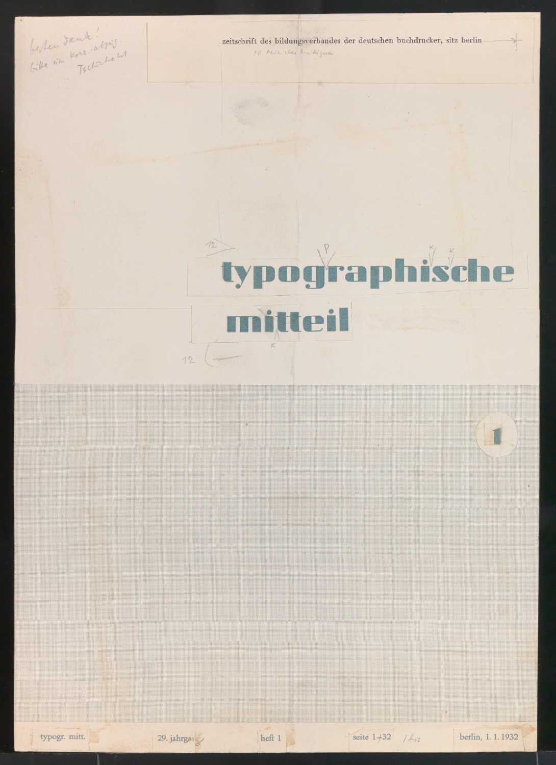 Montierter und korrigierter Probedruck für den Umschlag von Typografische Mitteilungen, 29. Jahrgang, Heft 1 — Blatt 1